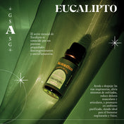 Detalle de la etiqueta del aceite esencial de eucalipto, con ingredientes 100% naturales y diseño minimalista.