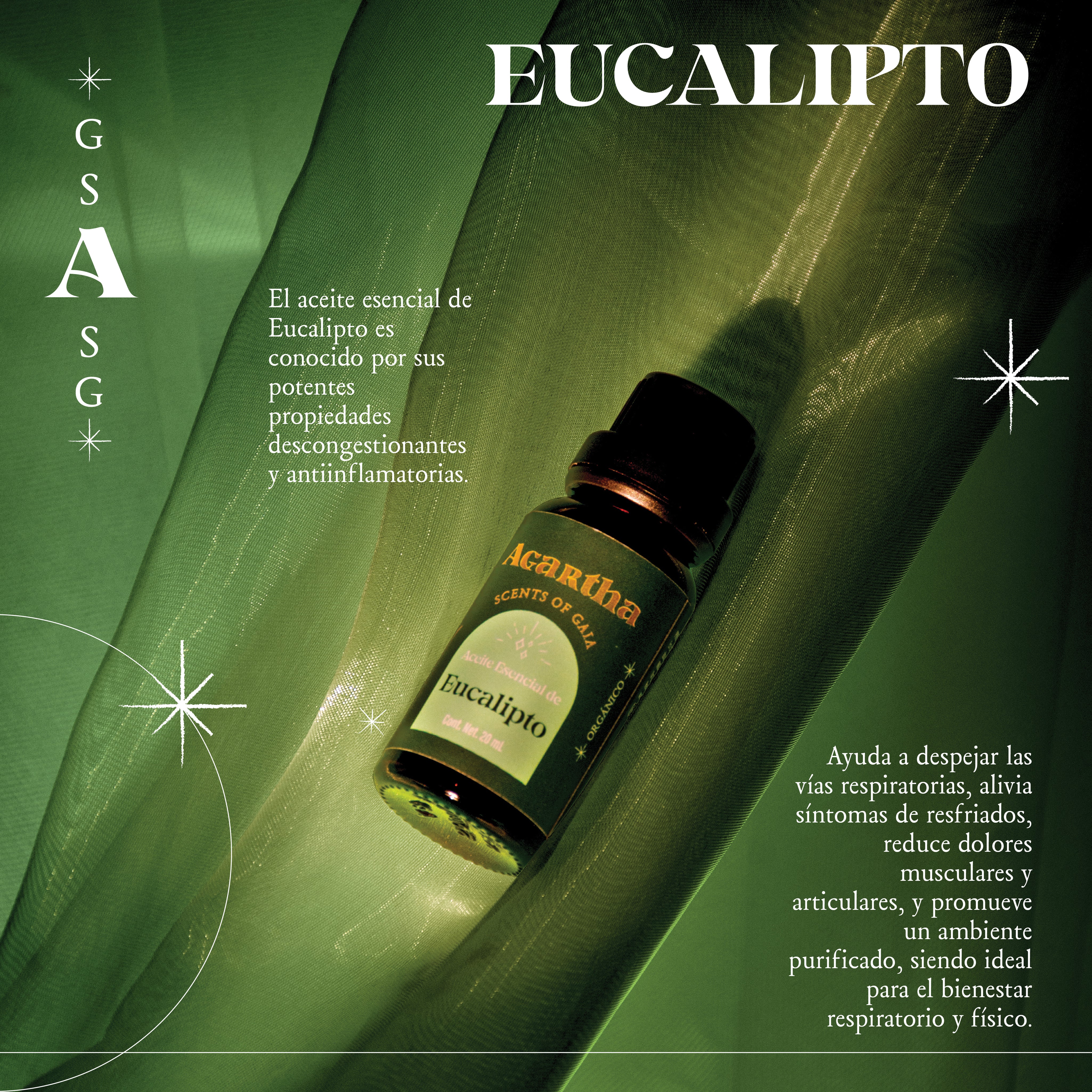 Detalle de la etiqueta del aceite esencial de eucalipto, con ingredientes 100% naturales y diseño minimalista.