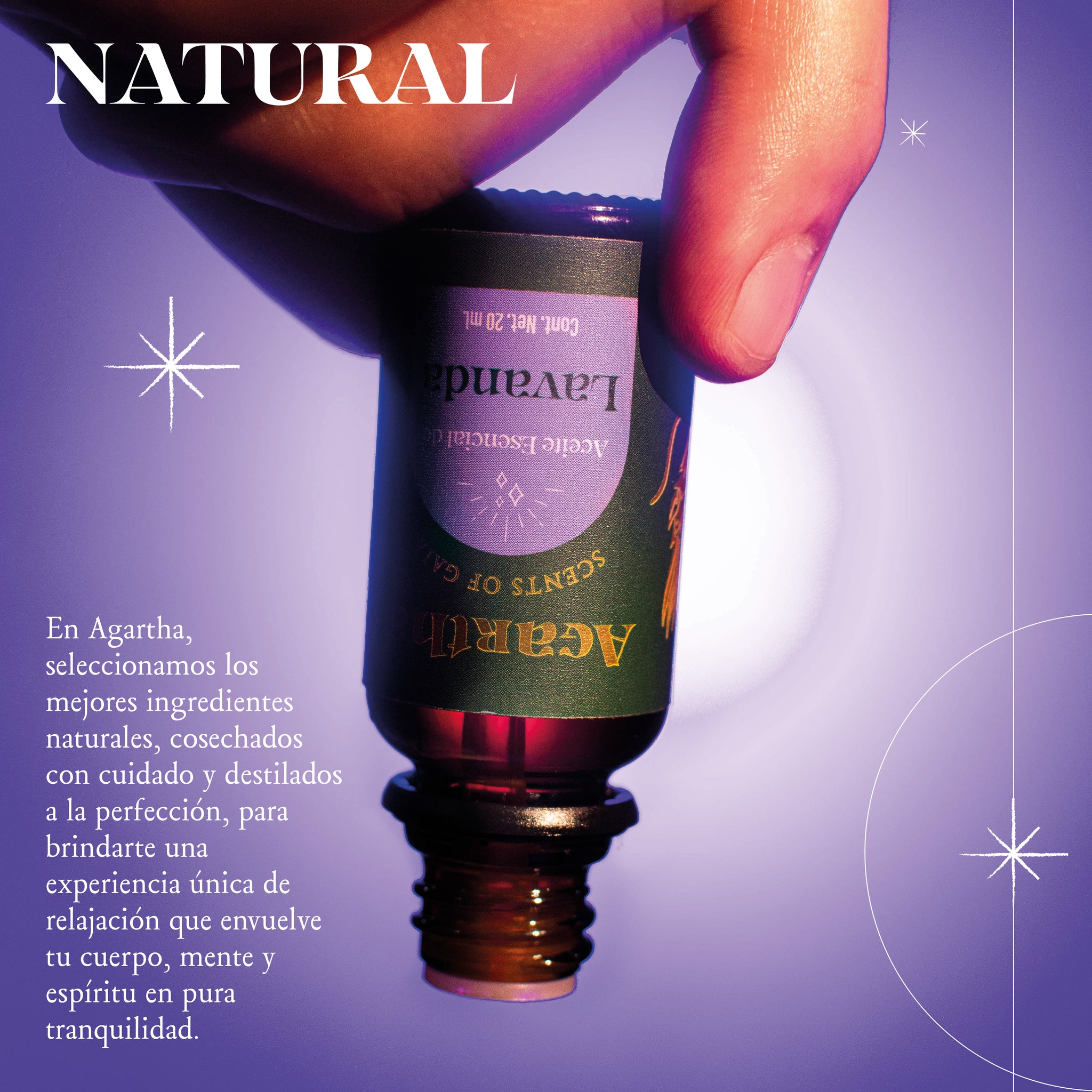 Aceite esencial de lavanda con tapa de seguridad, ideal para aromaterapia y bienestar personal.