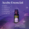 Aceite esencial de lavanda en envase de vidrio, perfecto para promover un sueño reparador y equilibrar las emociones.
