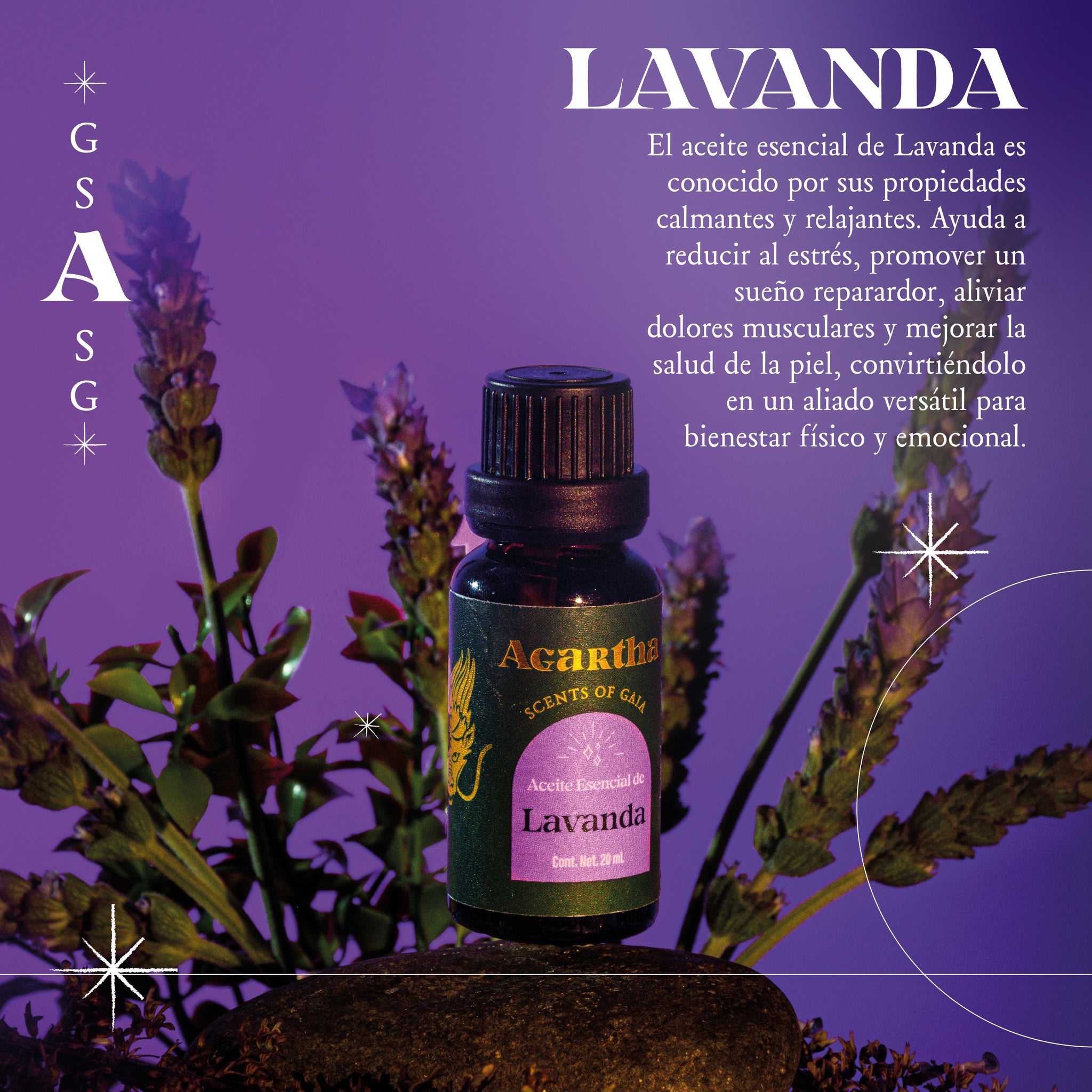 Detalle de la etiqueta del aceite esencial de lavanda, con ingredientes 100% naturales y diseño elegante.