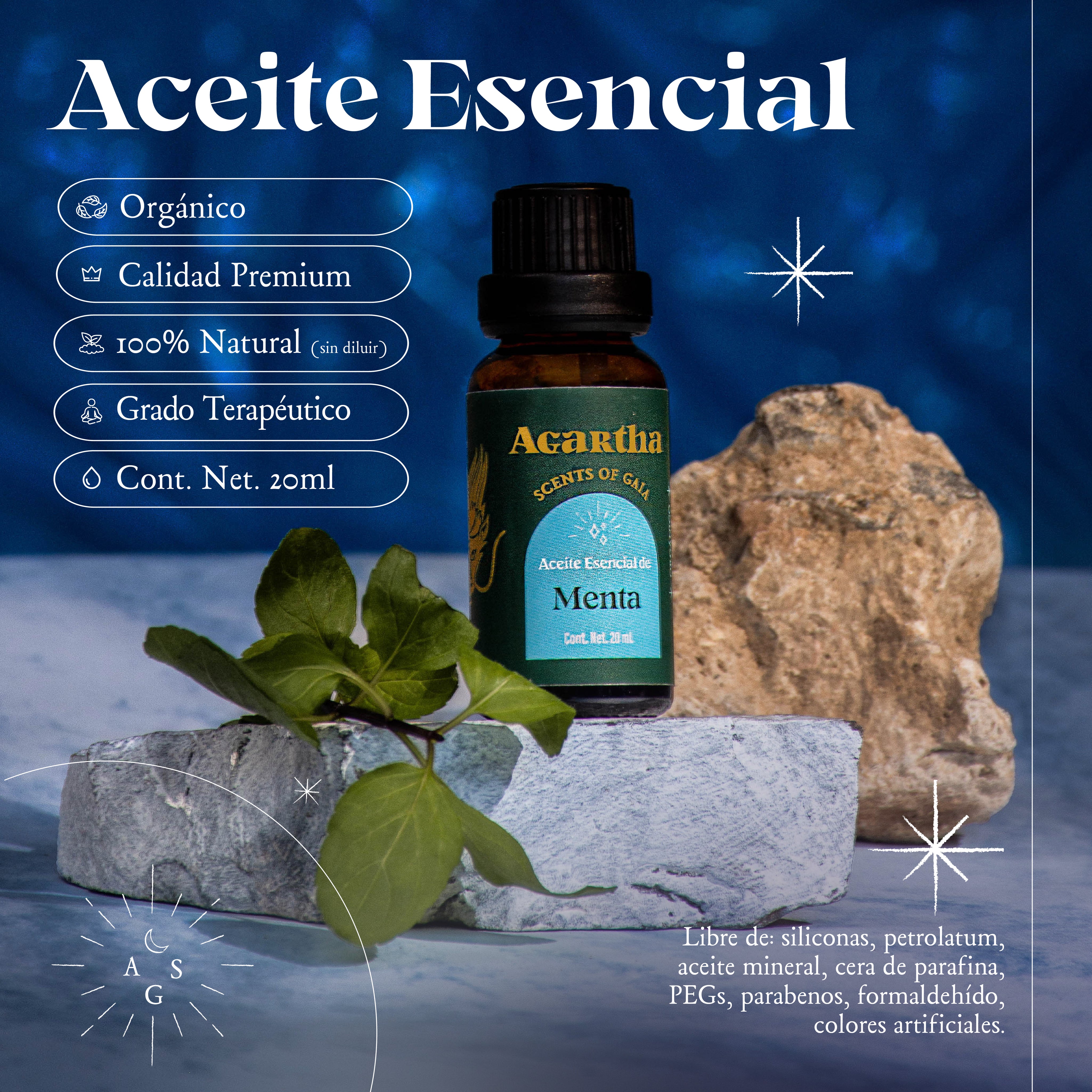 Aceite esencial de menta en envase de vidrio, ideal para un alivio refrescante en momentos de fatiga.