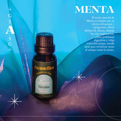 Detalle de la etiqueta del aceite esencial de menta, con ingredientes puros y diseño limpio.