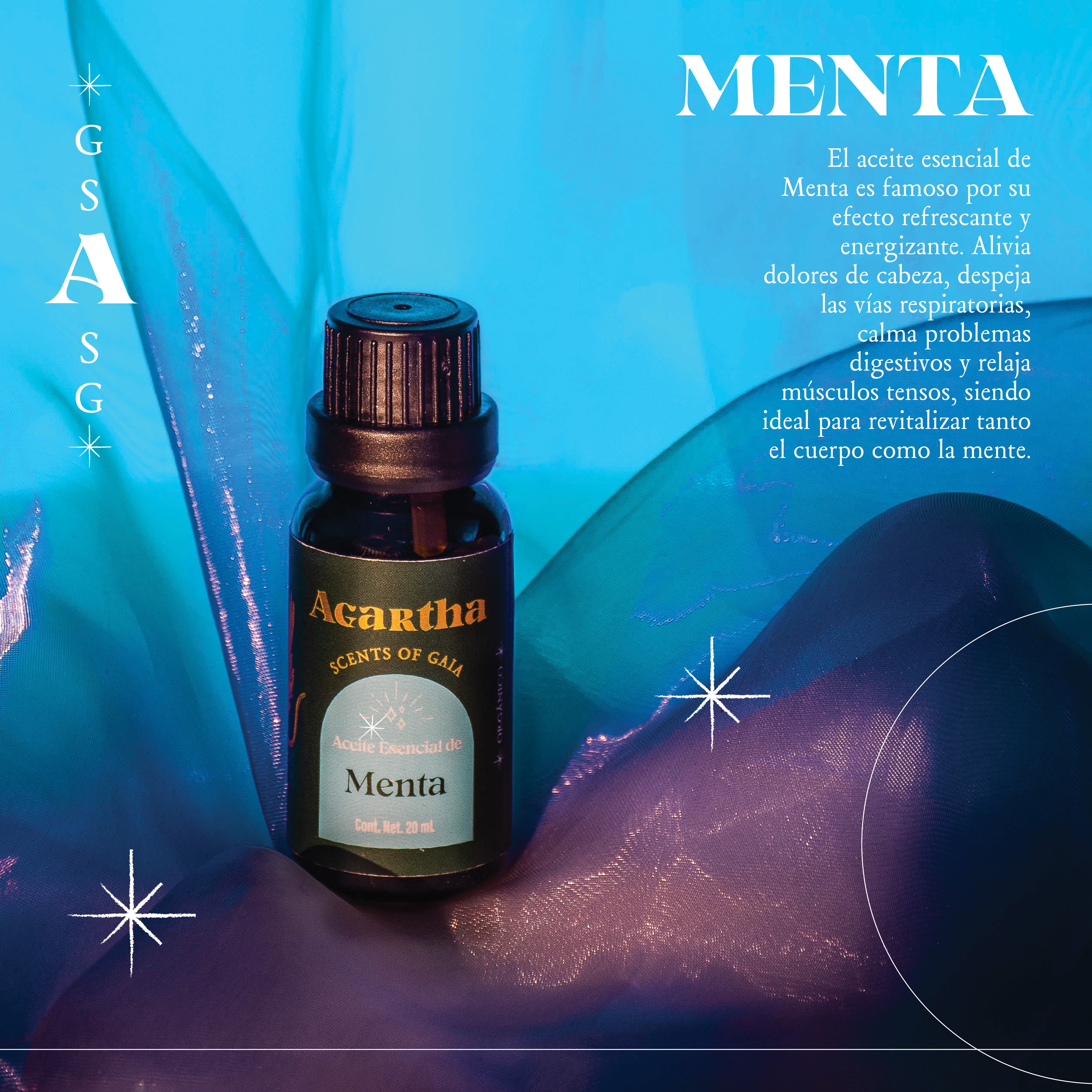 Detalle de la etiqueta del aceite esencial de menta, con ingredientes puros y diseño limpio.