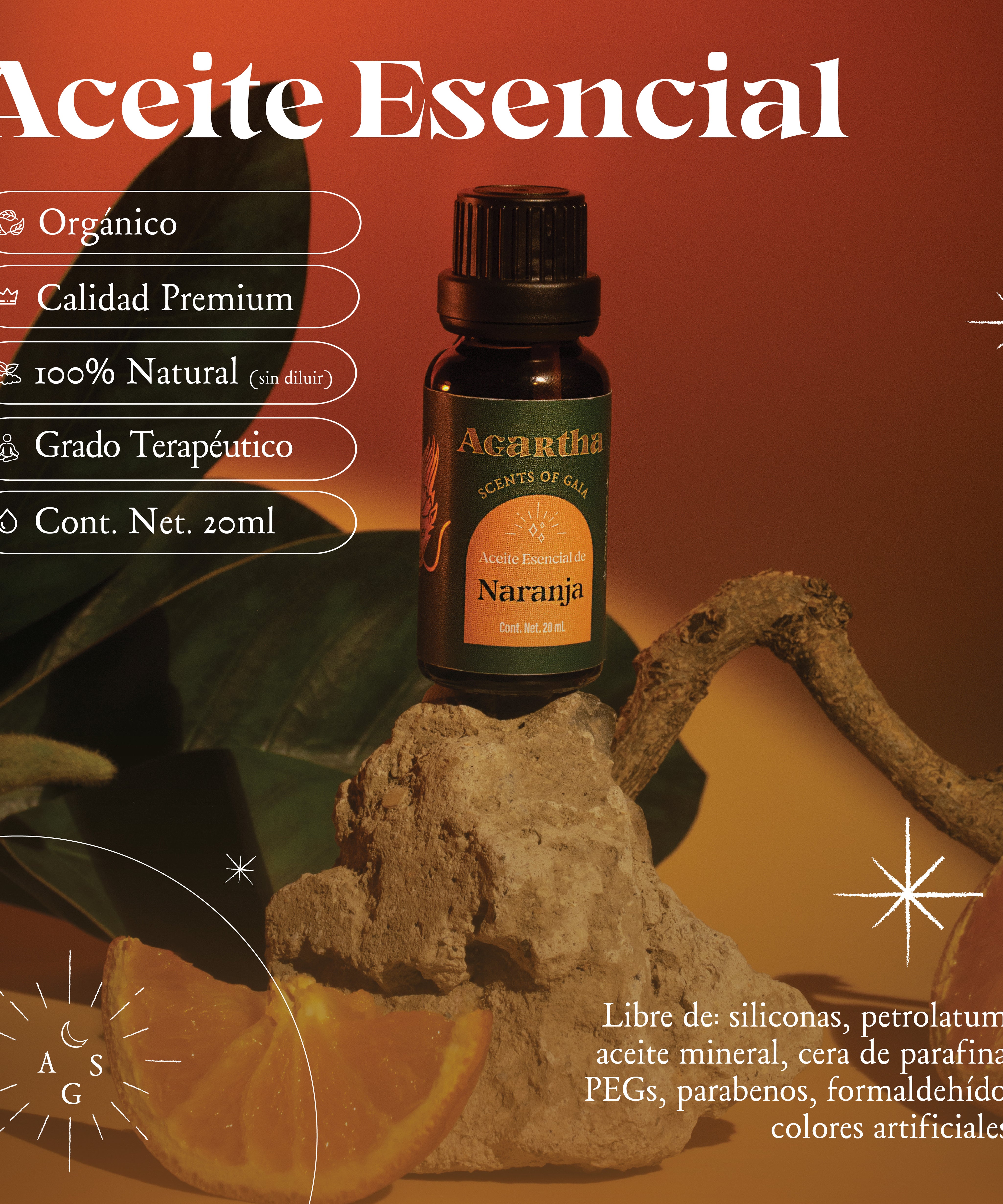 Aceite esencial de naranja en envase de vidrio, perfecto para crear un ambiente cálido y alegre.