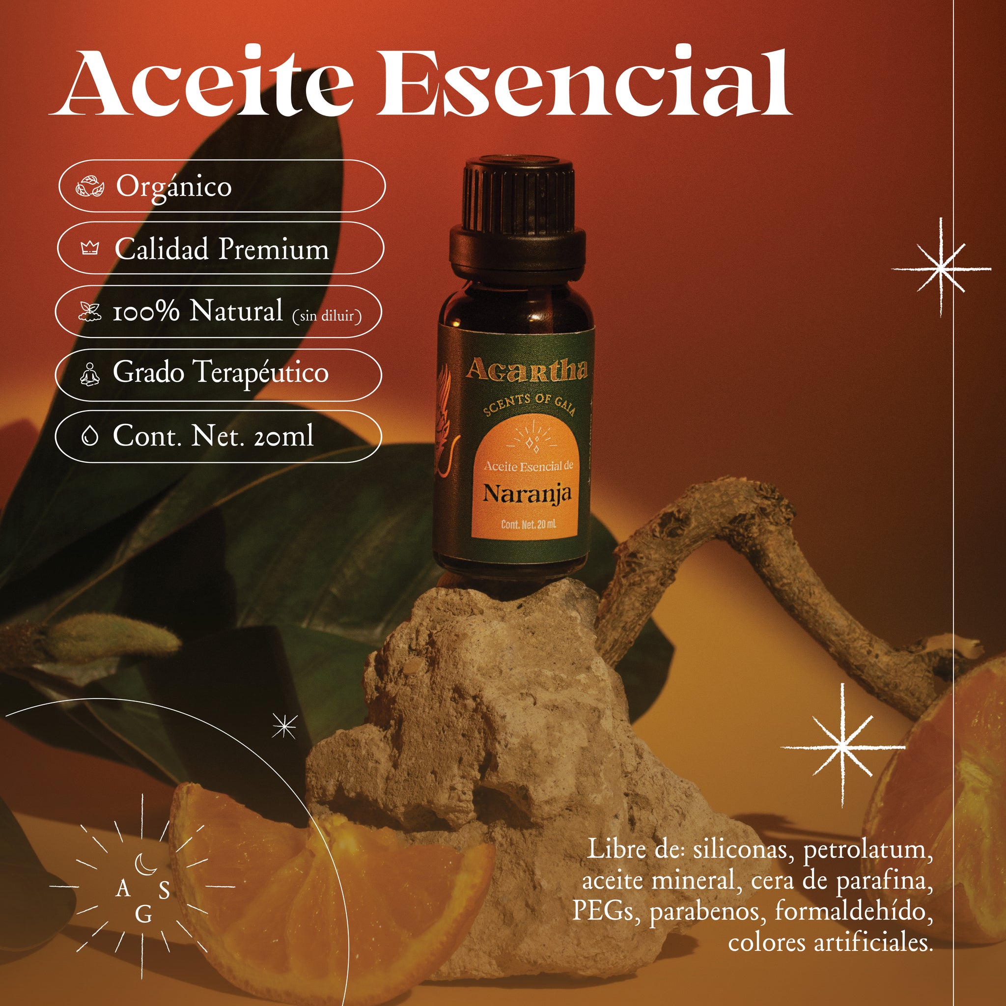 Aceite esencial de naranja en envase de vidrio, perfecto para crear un ambiente cálido y alegre.