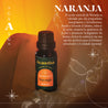 Detalle de la etiqueta del aceite esencial de naranja, con ingredientes naturales y diseño minimalista.