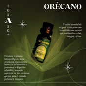 Detalle de la etiqueta del aceite esencial de orégano, con ingredientes 100% puros y presentación elegante.