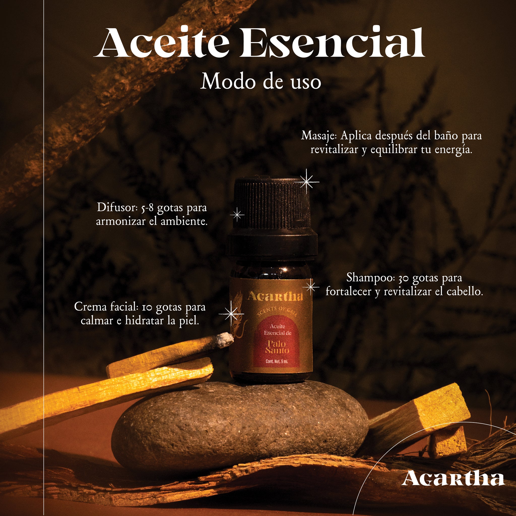 Aceite esencial de Palo Santo utilizado en rituales para limpiar la energía y atraer buena fortuna.