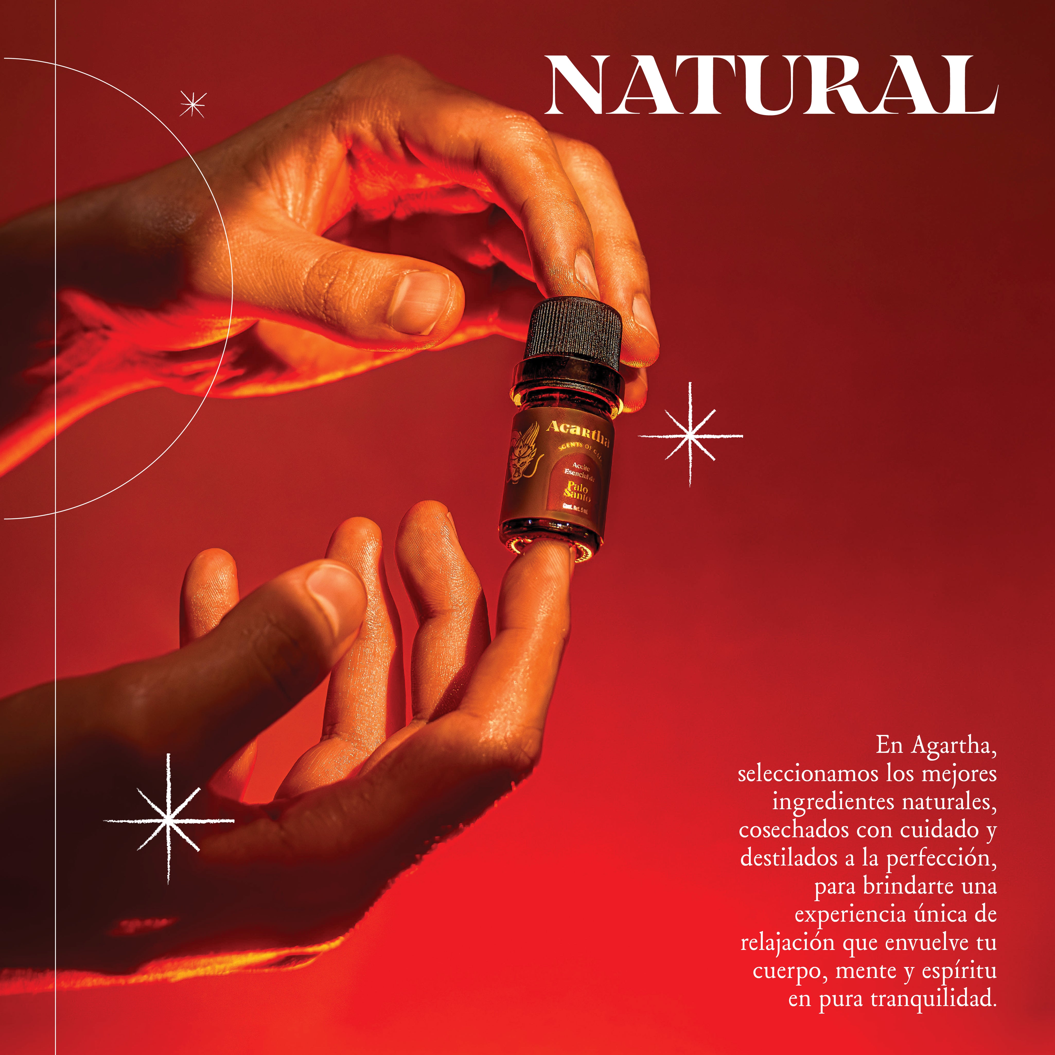 Aceite esencial de Palo Santo con tapa de seguridad, ideal para aromaterapia y meditación.