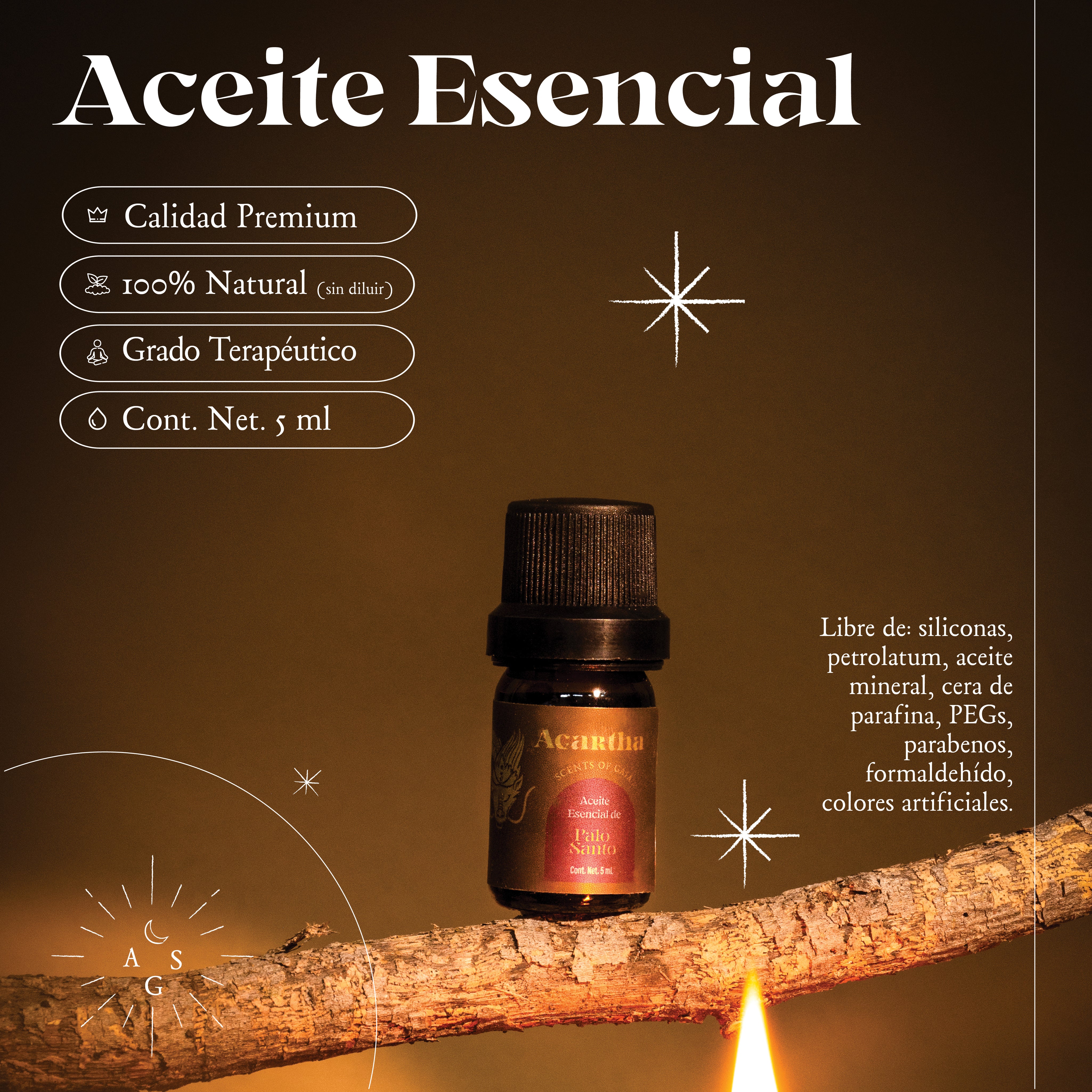 Aceite esencial de Palo Santo en envase de vidrio, conocido por sus propiedades relajantes y energéticas.