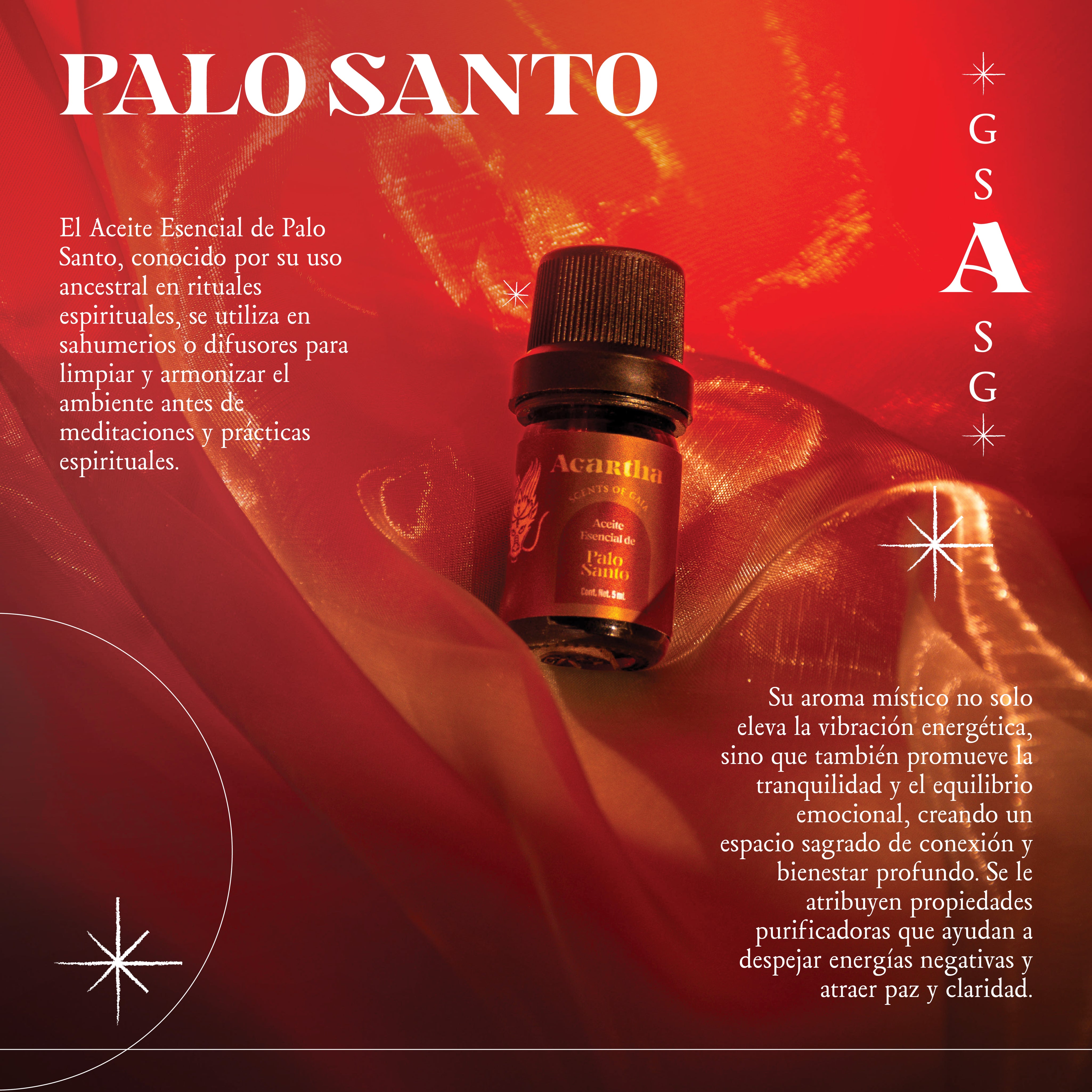 Detalle de la etiqueta del aceite esencial de Palo Santo, con ingredientes naturales y presentación elegante.