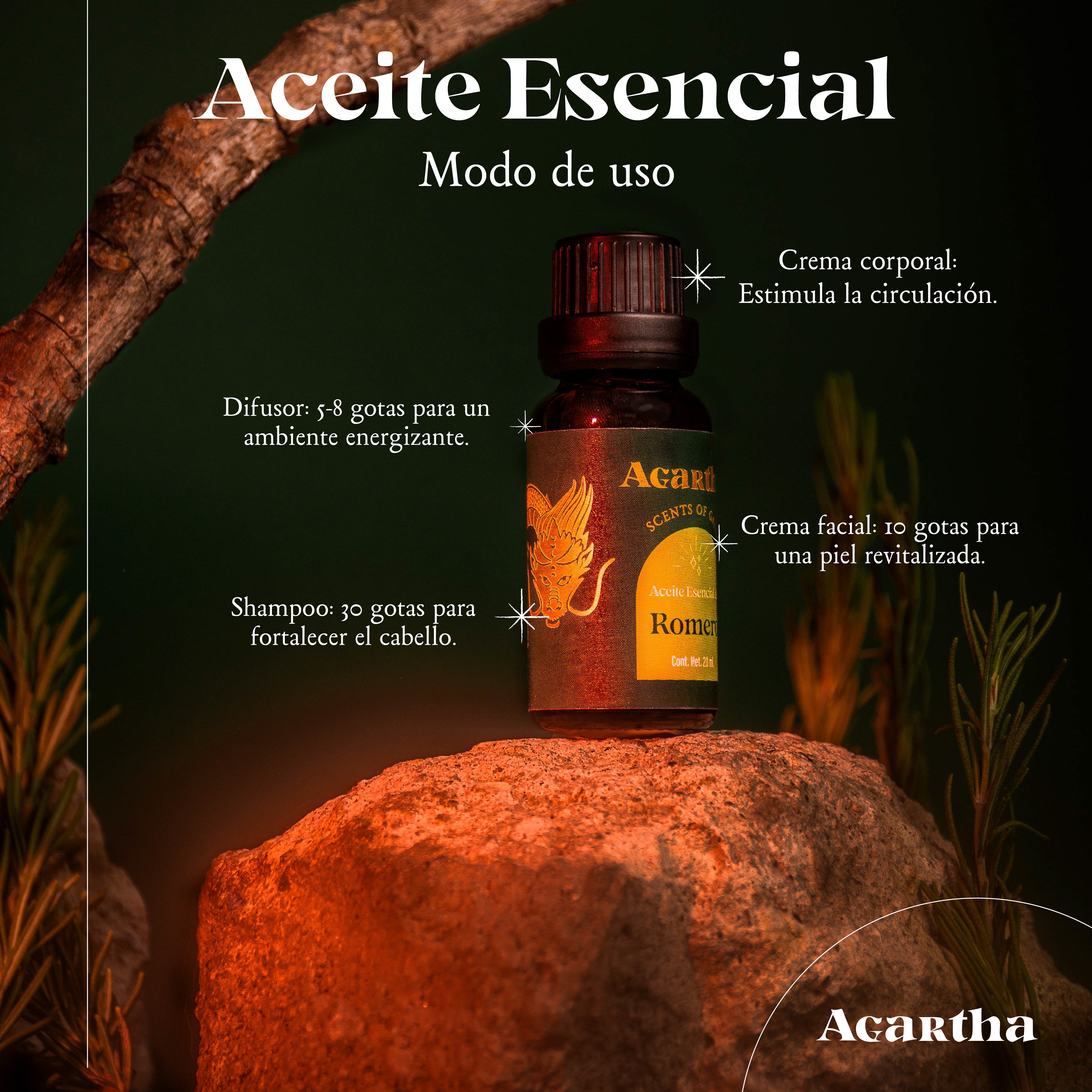Aceite esencial de romero utilizado en masajes para estimular la circulación y aliviar tensiones.