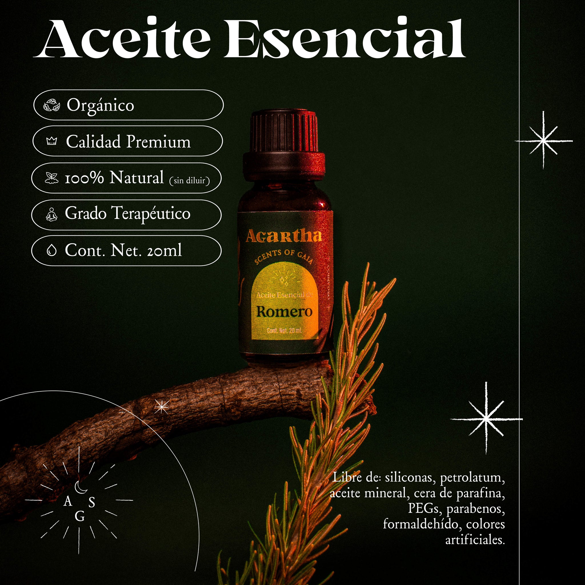 Aceite esencial de romero en envase de vidrio, perfecto para aliviar la fatiga mental y física.