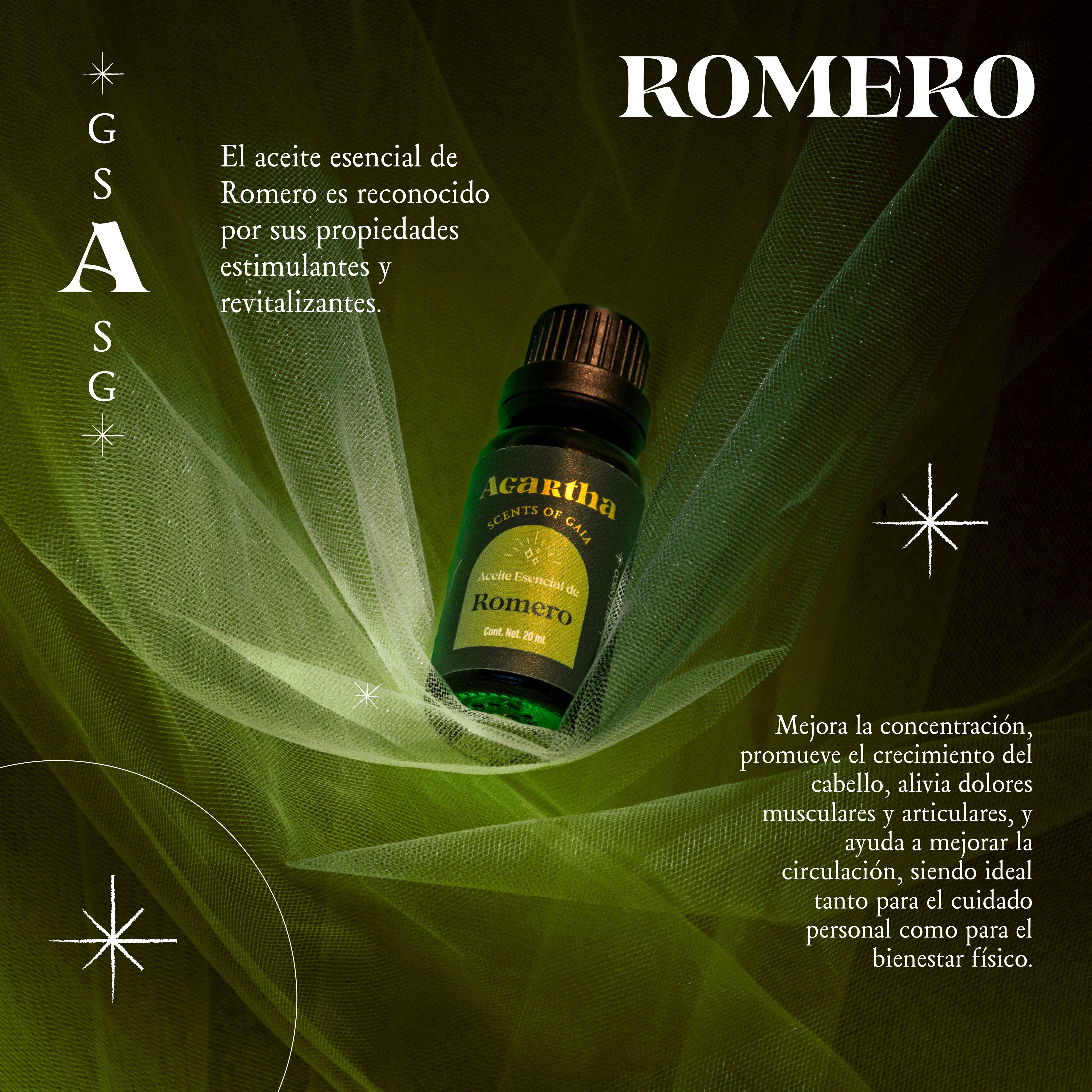 Detalle de la etiqueta del aceite esencial de romero, con ingredientes naturales y presentación minimalista.