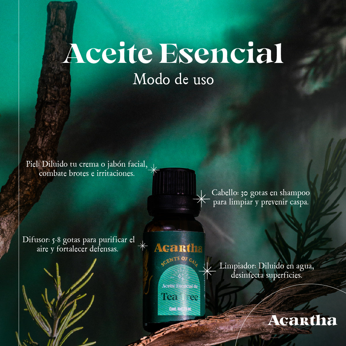 Aceite esencial de Tea Tree aplicado para limpiar y desinfectar superficies de manera natural.