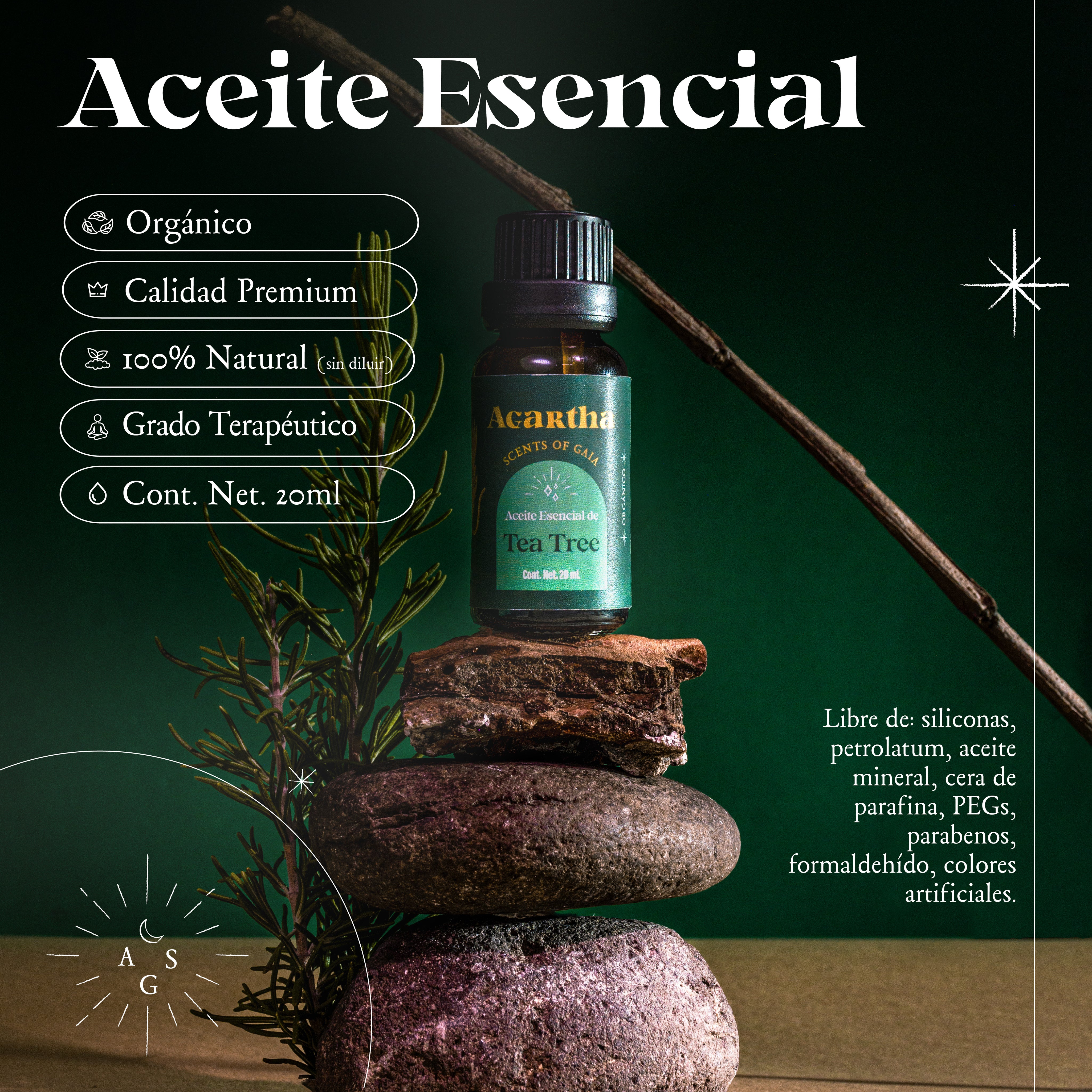 Aceite esencial de Tea Tree en envase de vidrio, perfecto para el cuidado personal y la higiene natural.