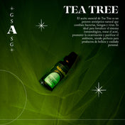 Detalle de la etiqueta del aceite esencial de Tea Tree, con ingredientes puros y presentación minimalista.