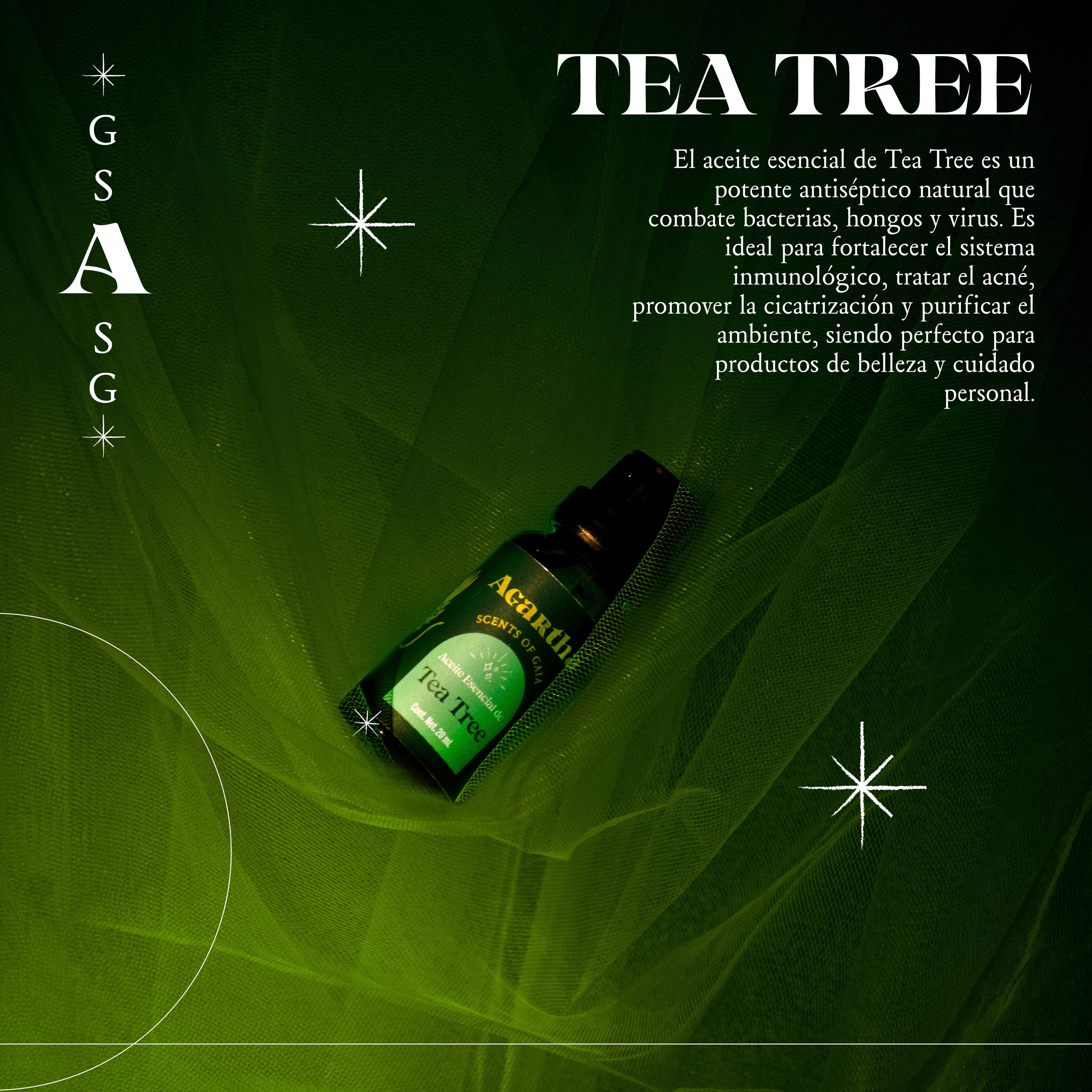 Detalle de la etiqueta del aceite esencial de Tea Tree, con ingredientes puros y presentación minimalista.