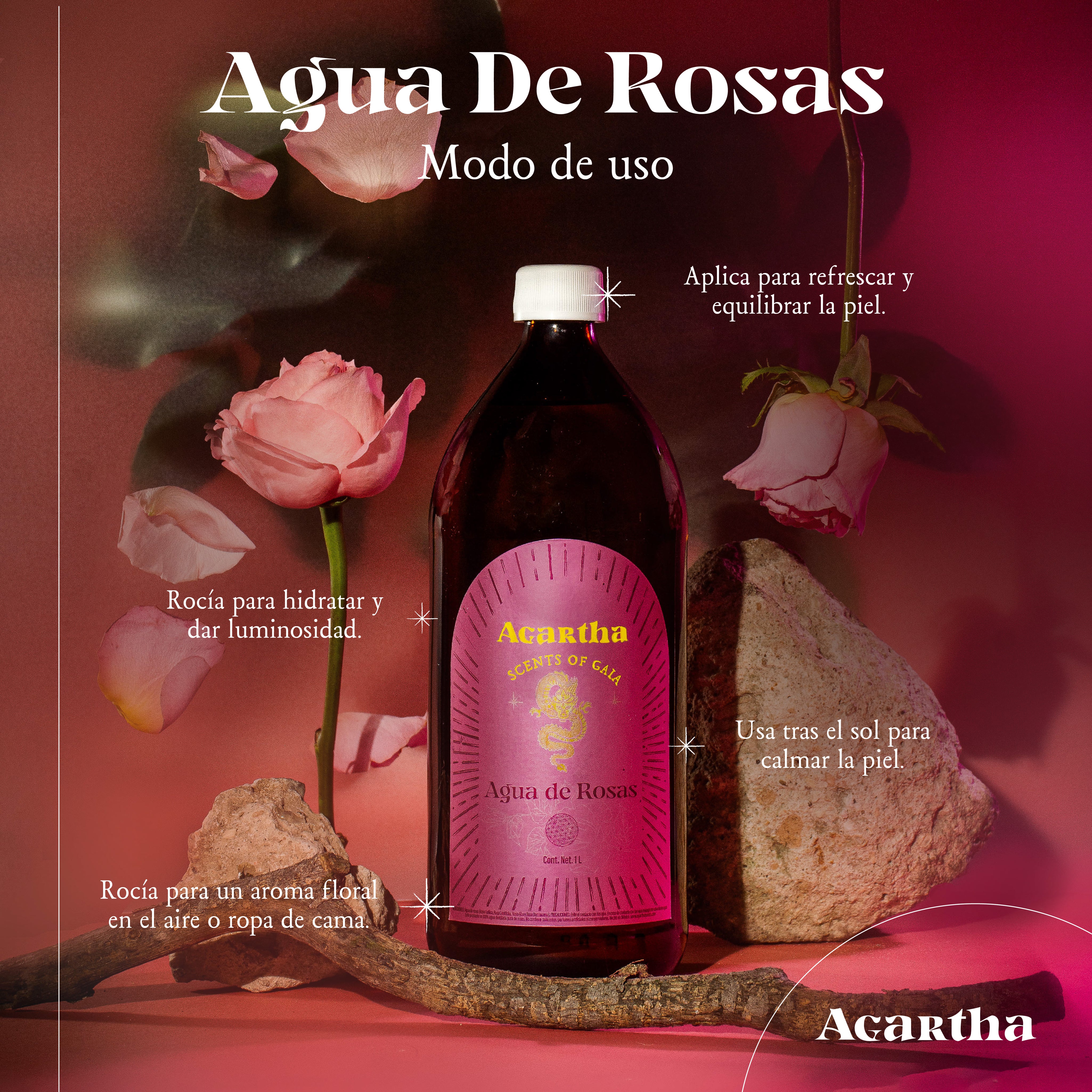 Agua de rosas Agartha utilizada como tónico facial para equilibrar el pH de la piel y proporcionar hidratación profunda.