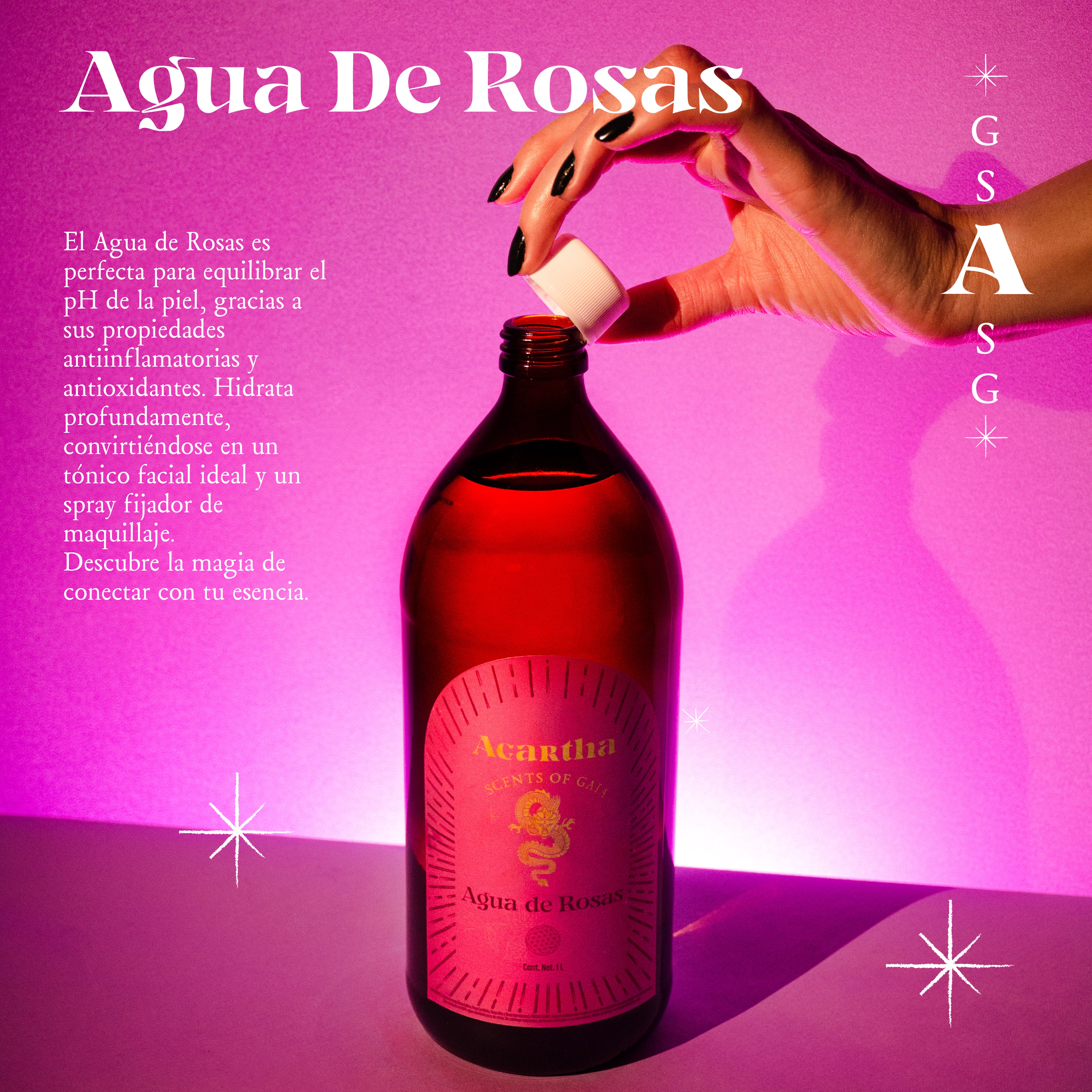Agua de rosas Agartha aplicada sobre el cabello húmedo como acondicionador sin enjuague, mejorando su textura y estimulando su crecimiento.