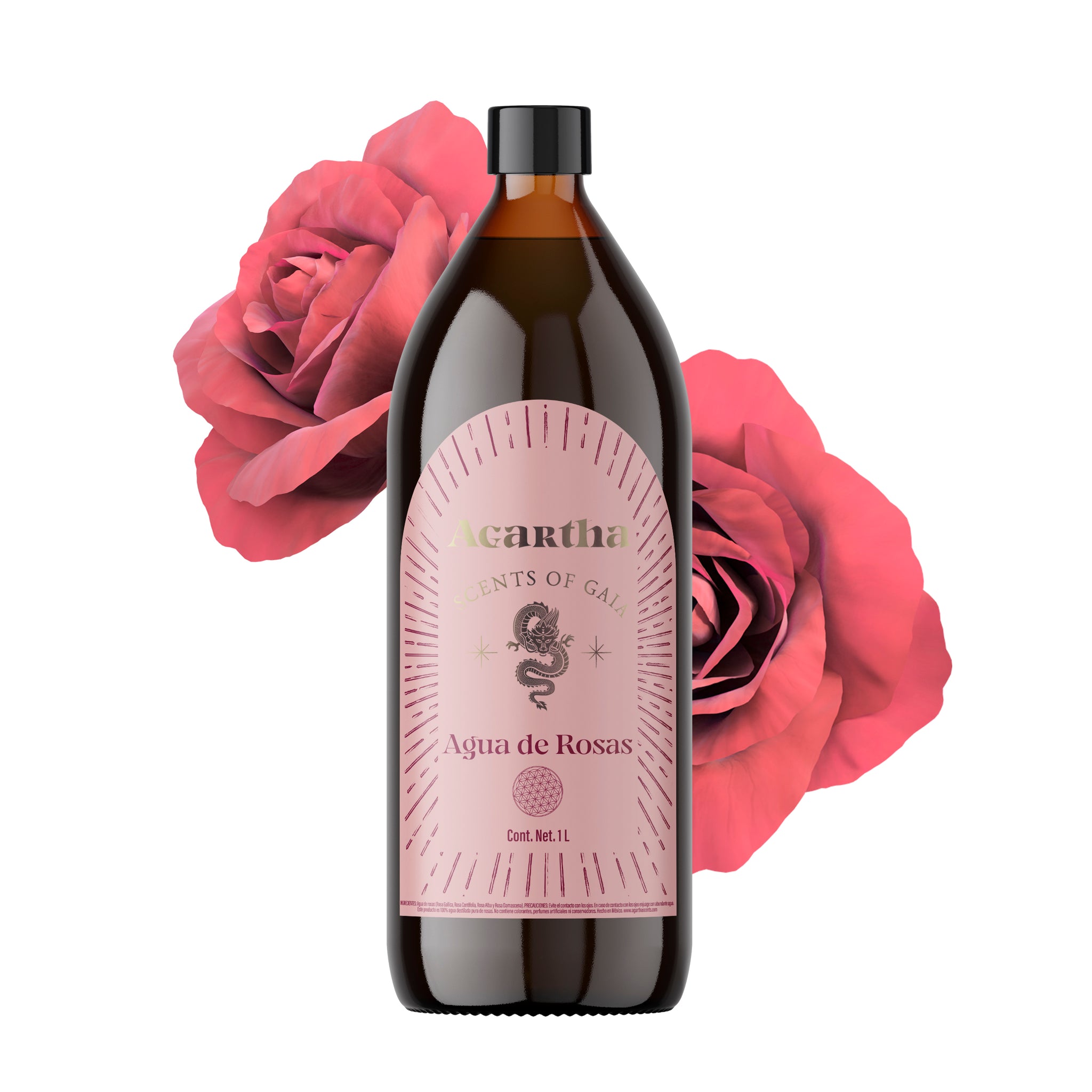 Agua de rosas Agartha 100% natural, destilada de 4 tipos diferentes de rosas, ideal para hidratar y equilibrar el pH de la piel.