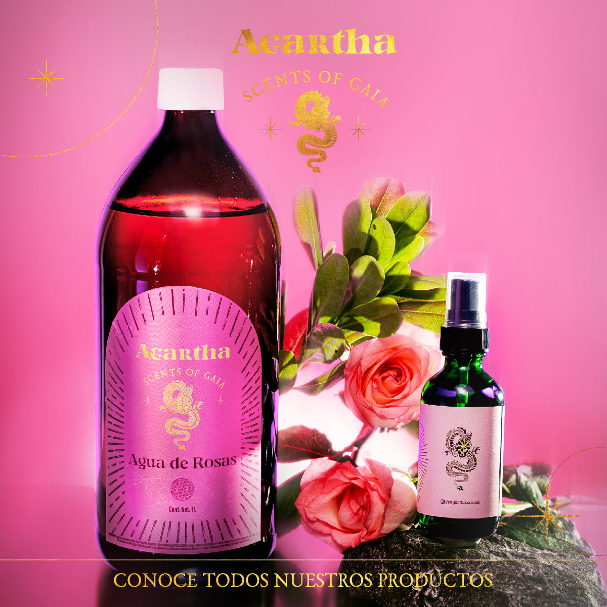 Hidratación y cuidado natural con agua de rosas Agartha, elaborada con 4 tipos de rosas y beneficios para piel y cabello.