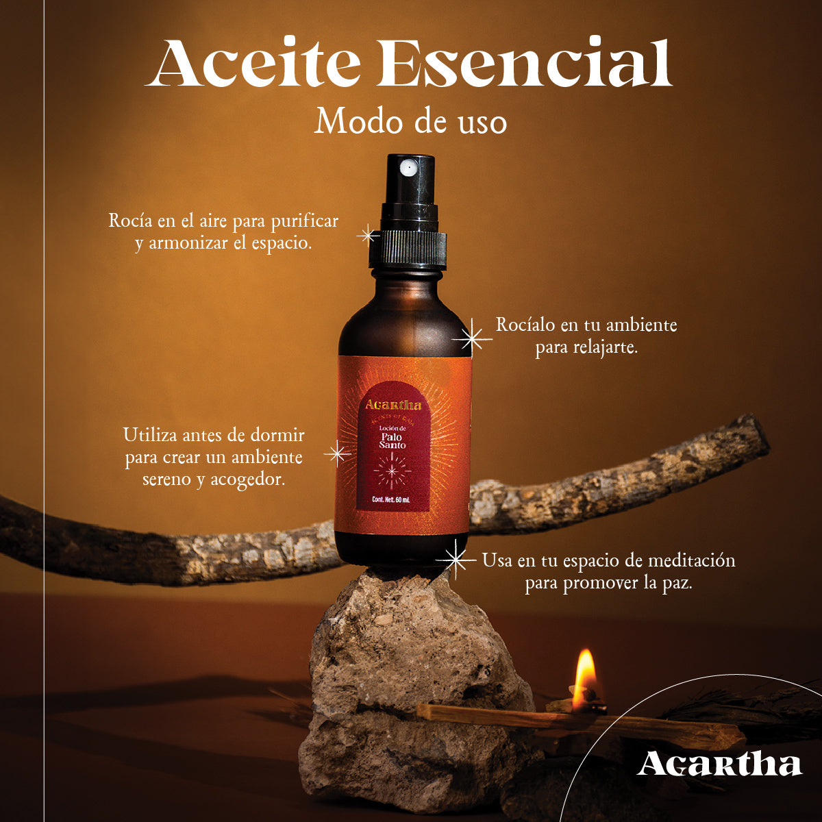 Loción de Palo Santo Agartha utilizada para rociar en el ambiente o en la piel, ideal para rituales de purificación y relajación.