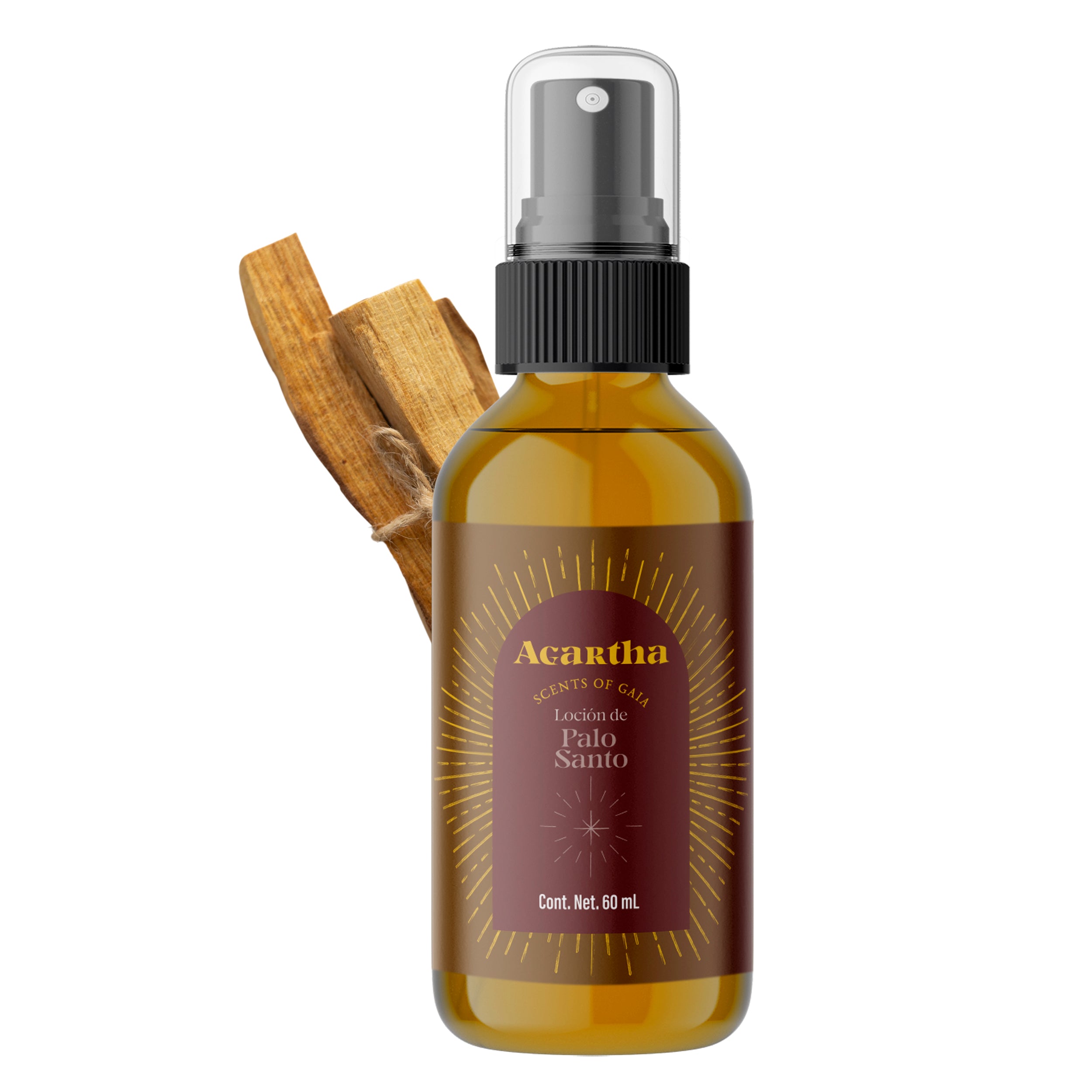 Loción de Palo Santo Agartha, ideal para purificar el ambiente y refrescar la piel con propiedades energéticas y revitalizantes.