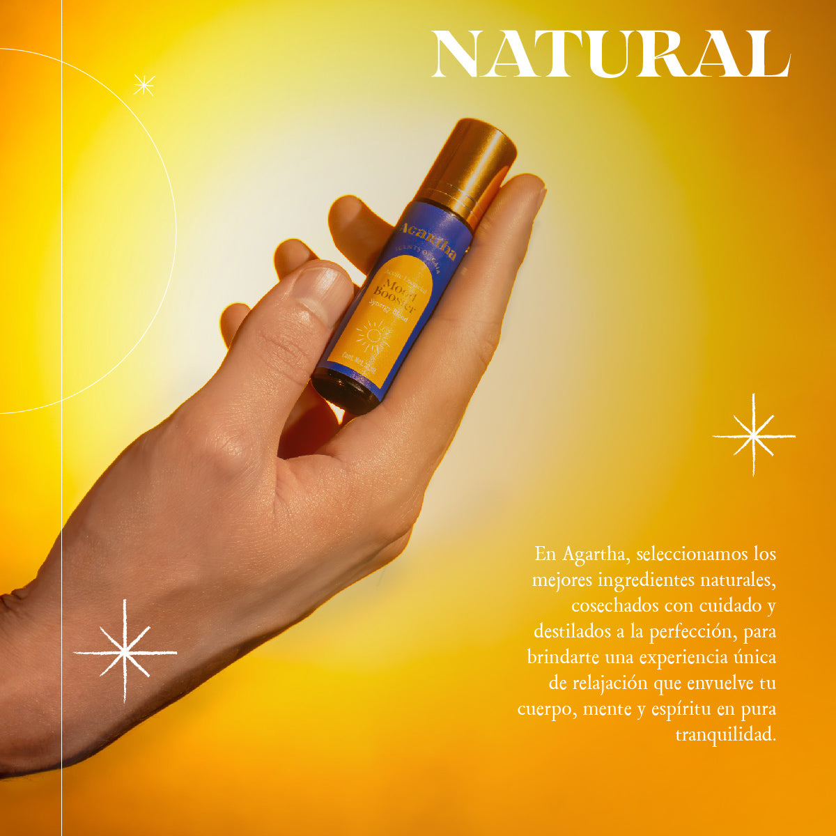 Roll-on Energy Booster utilizado en las muñecas, ideal para aromaterapia portátil y una dosis rápida de motivación.