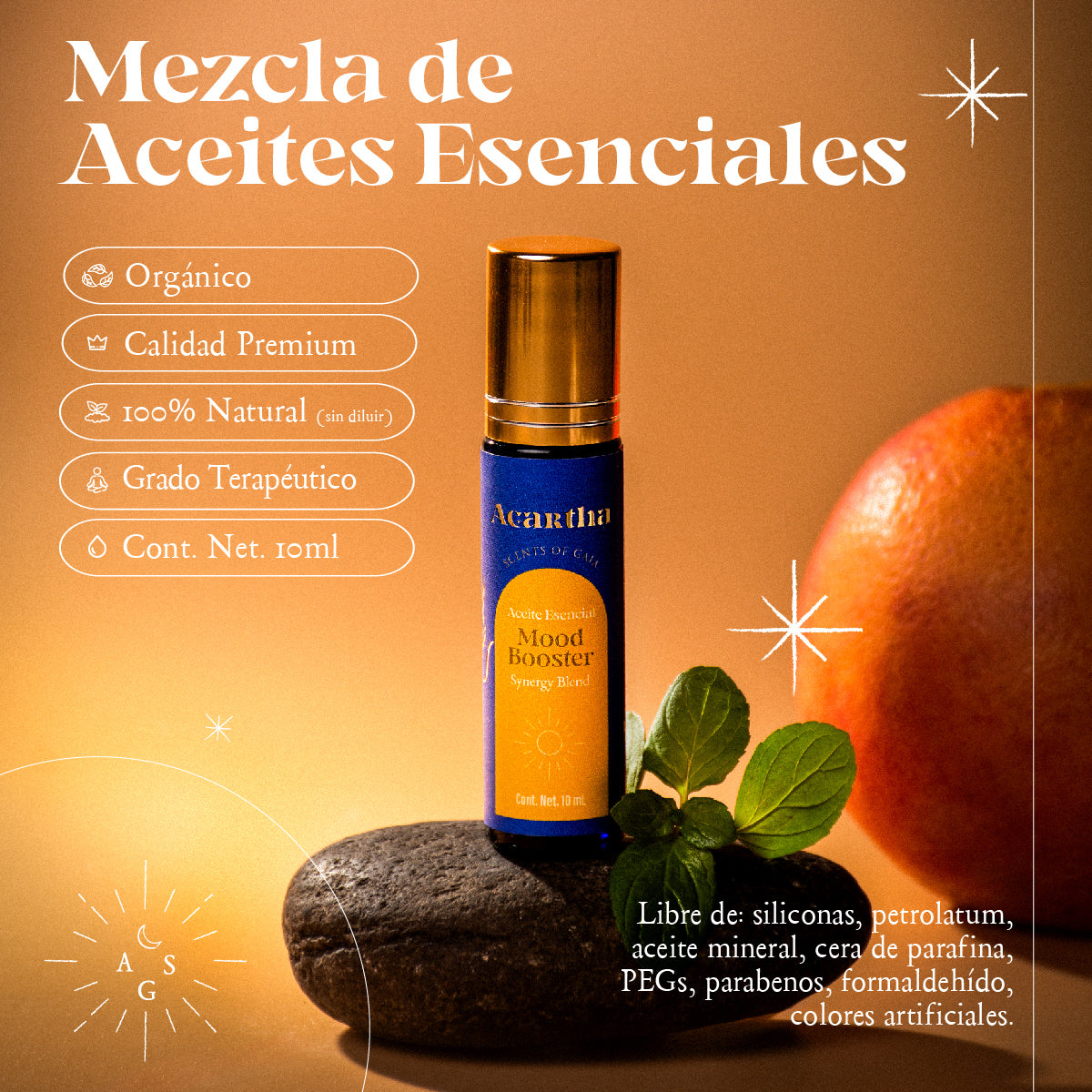 Energy Booster Roll-On con aceites esenciales de blood orange, menta, may chang, raíz de jengibre, eucalipto y geranio, perfecto para revitalizar tu día.