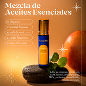 Energy Booster Roll-On con aceites esenciales de blood orange, menta, may chang, raíz de jengibre, eucalipto y geranio, perfecto para revitalizar tu día.