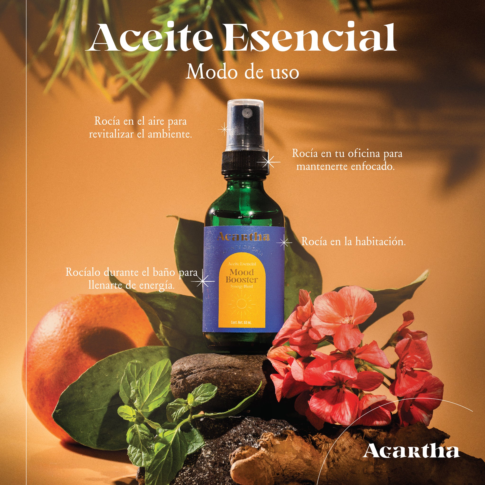 Mood Booster Spray utilizado para rociar en el ambiente o en el cuerpo, ideal para elevar el ánimo y mantenerte motivado durante el día.