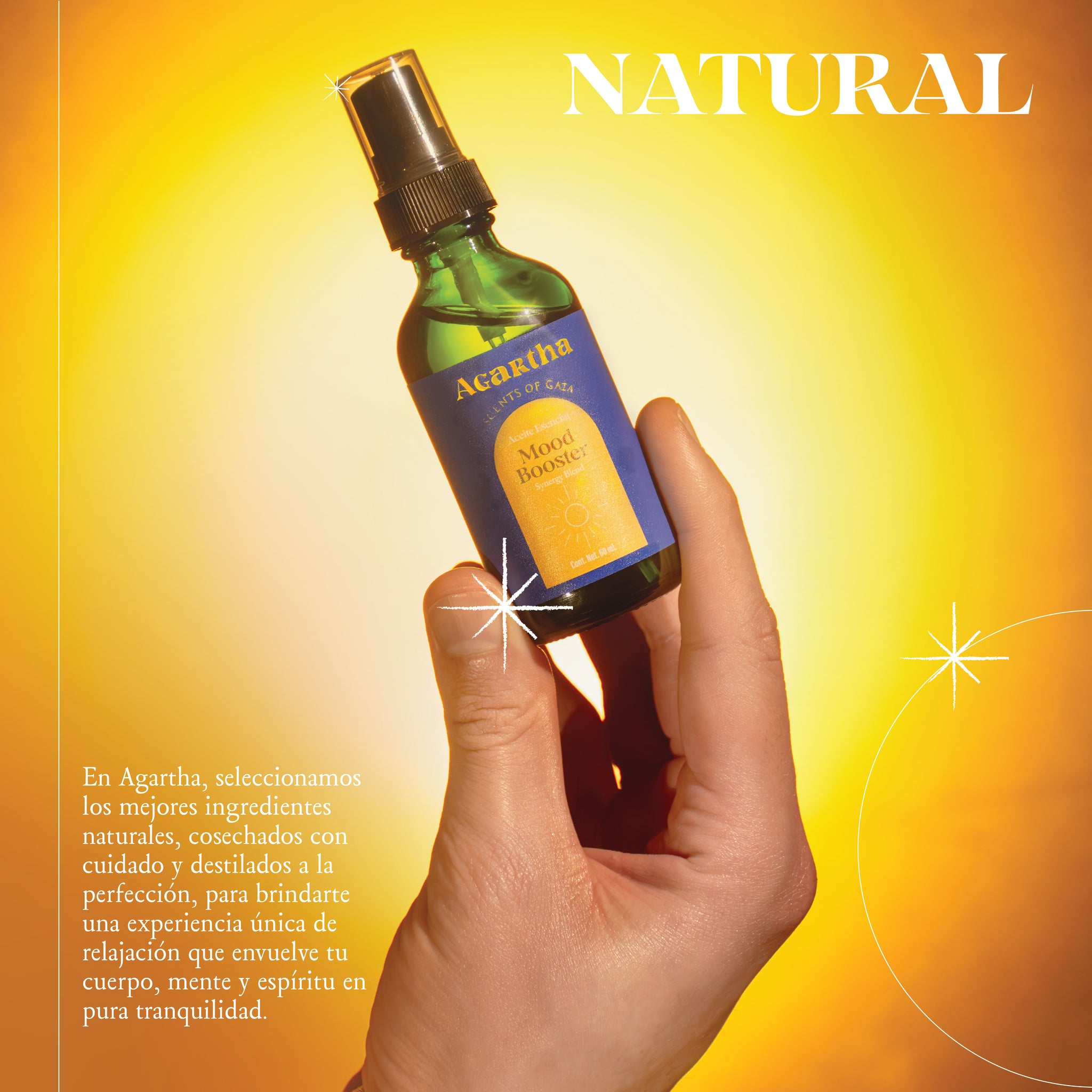 Spray Energy Booster en uso, perfecto para aromaterapia portátil y una dosis rápida de energía y buen humor.