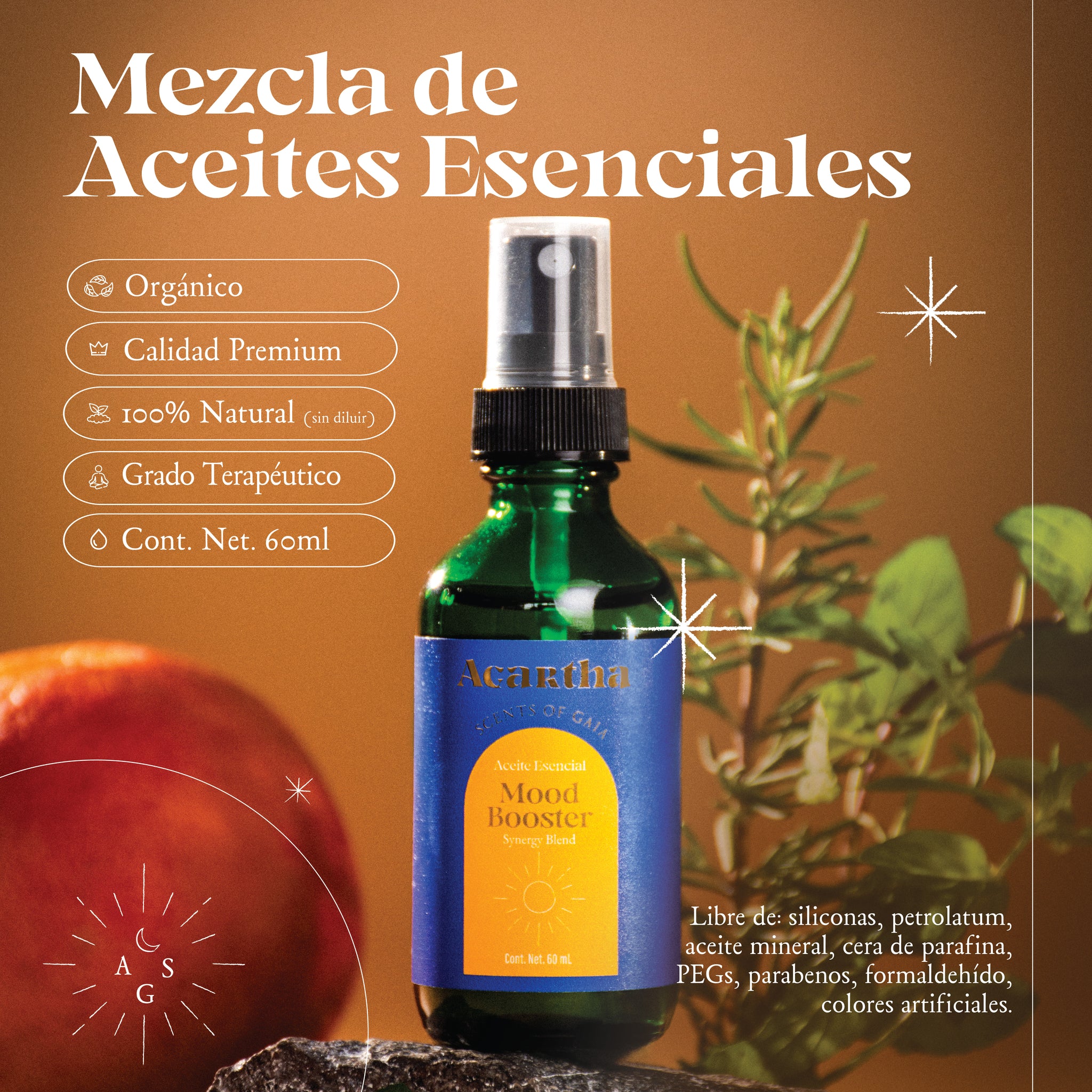 Spray Energy Booster con aceites esenciales de blood orange, menta, may chang, raíz de jengibre, eucalipto y geranio, ideal para revitalizar tu entorno y mente.