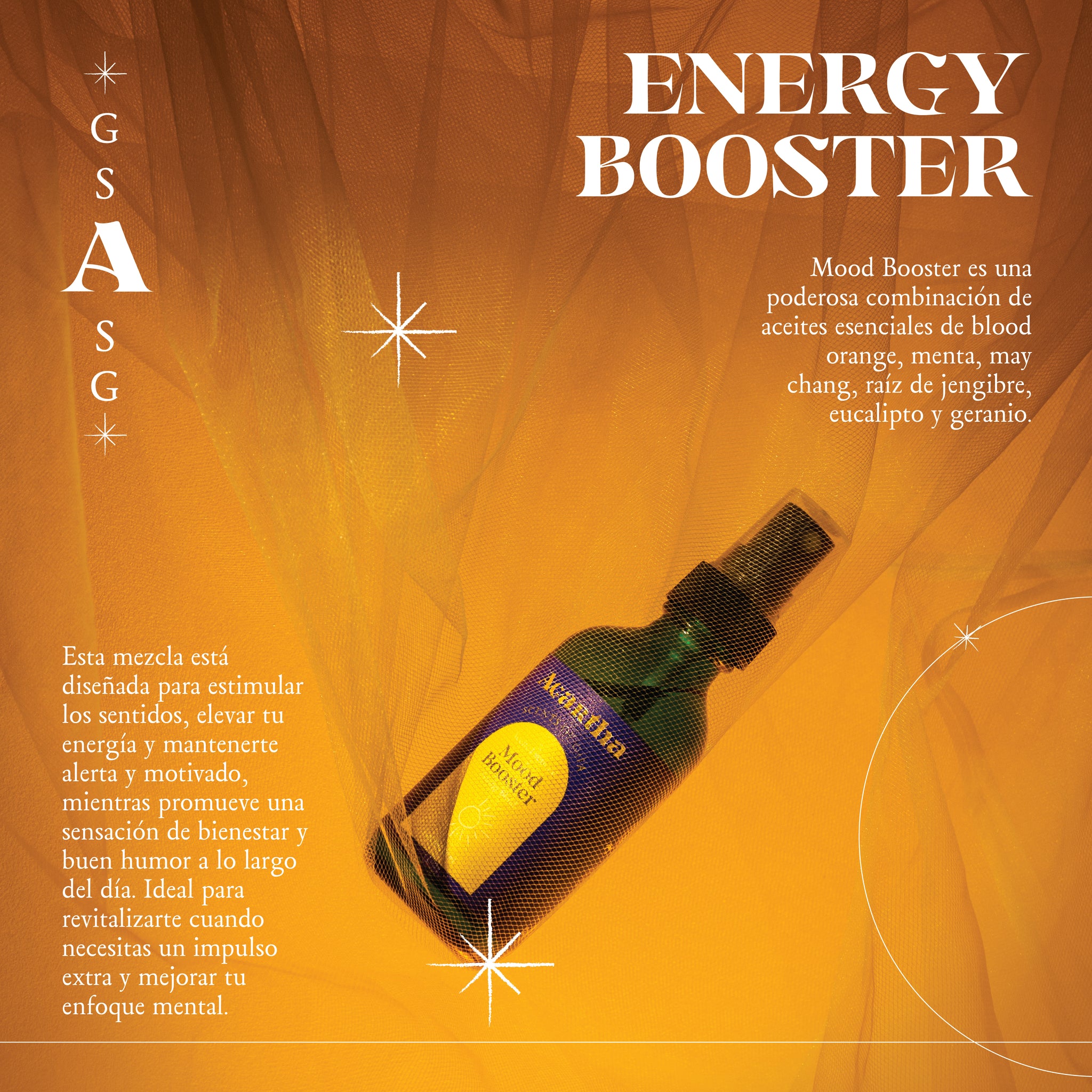 Detalle del envase del spray Mood Booster, elaborado con aceites esenciales 100% naturales en una fórmula energizante y refrescante.