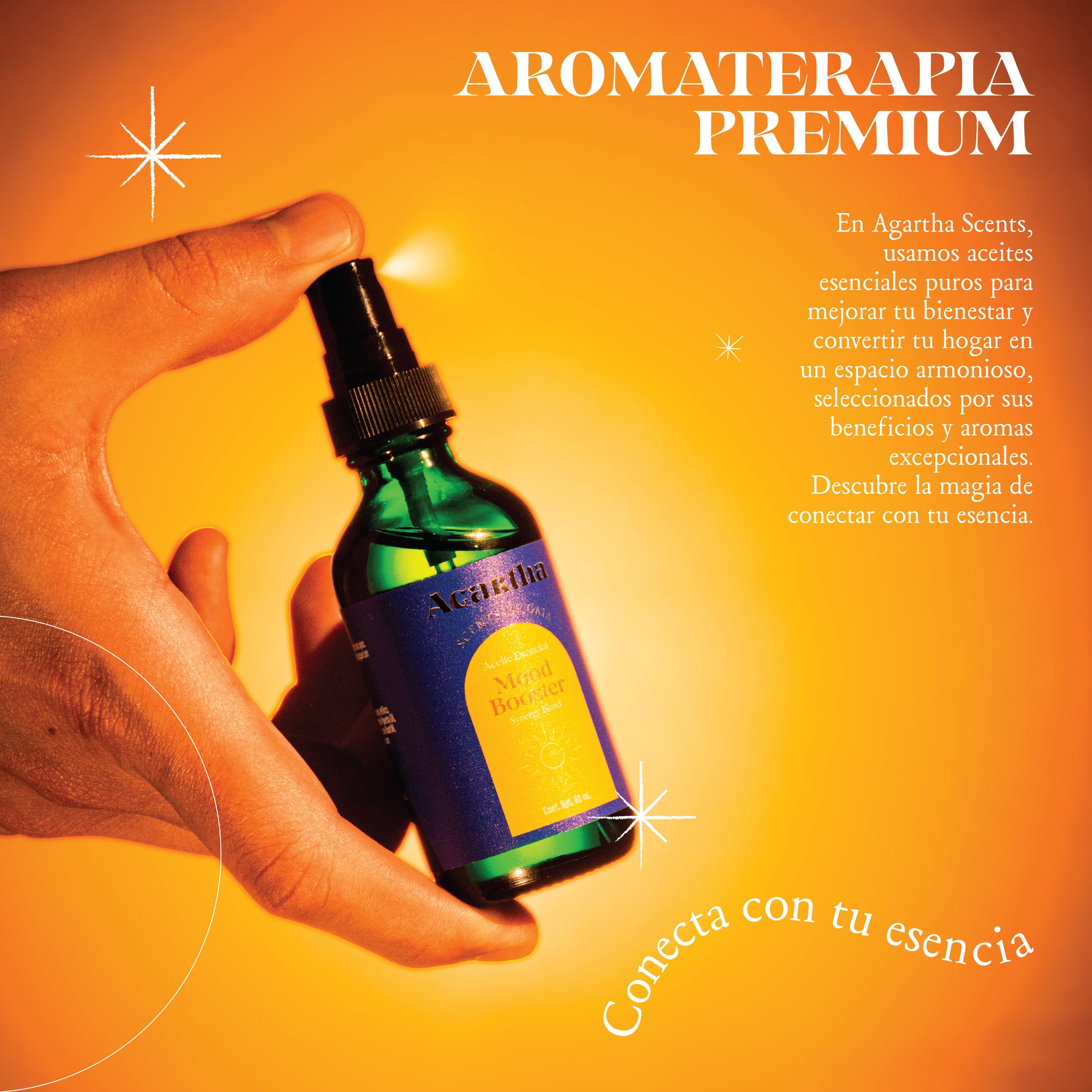 Mood Booster Spray, diseñado para refrescar tu entorno y estimular los sentidos, con un aroma único y revitalizante.