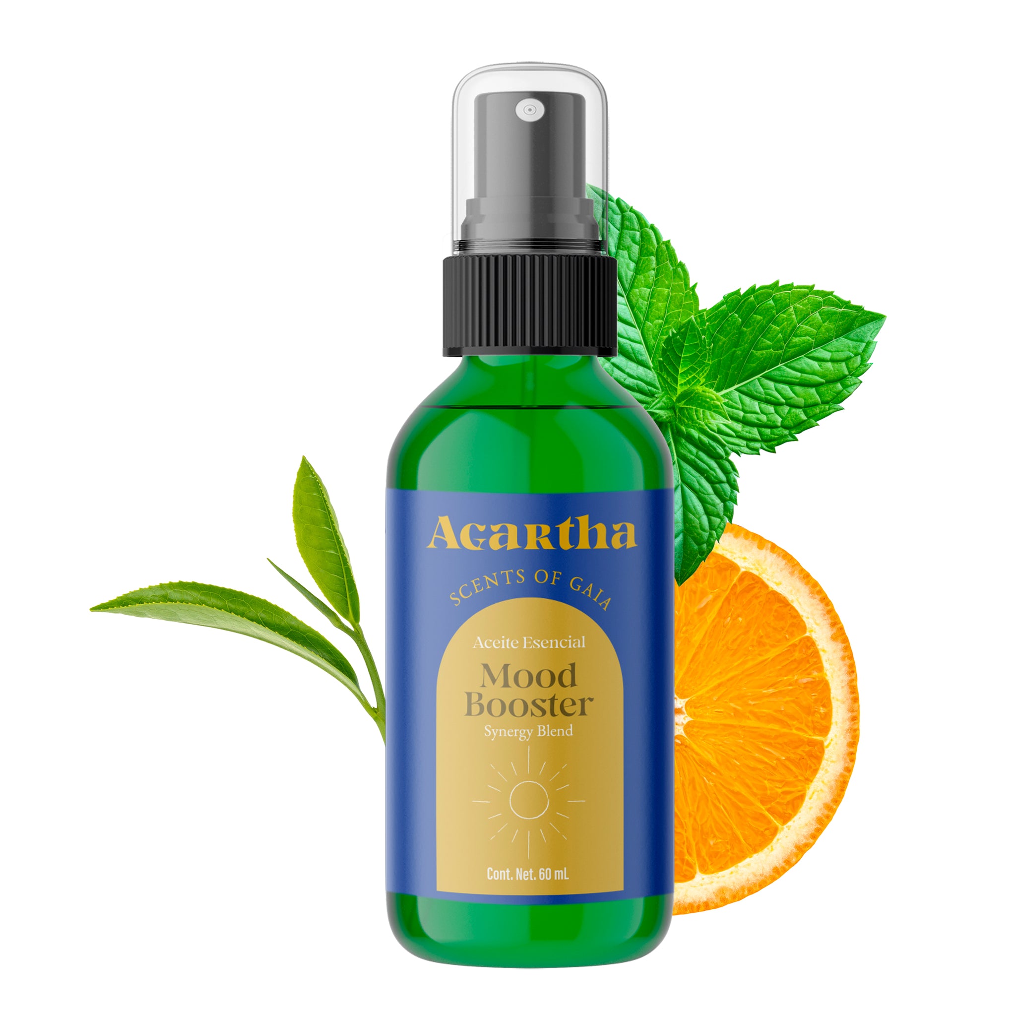 Mood Booster Spray, una mezcla energizante de aceites esenciales diseñada para estimular los sentidos y mejorar el estado de ánimo.