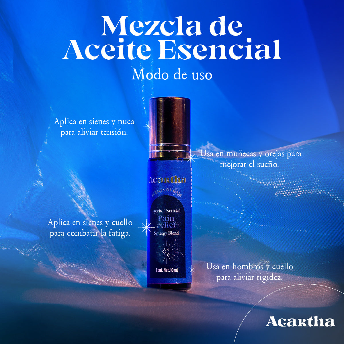 Roll-On de aromaterapia Pain Relief, aplicado en sienes y muñecas para un alivio rápido de dolores de cabeza y estrés.