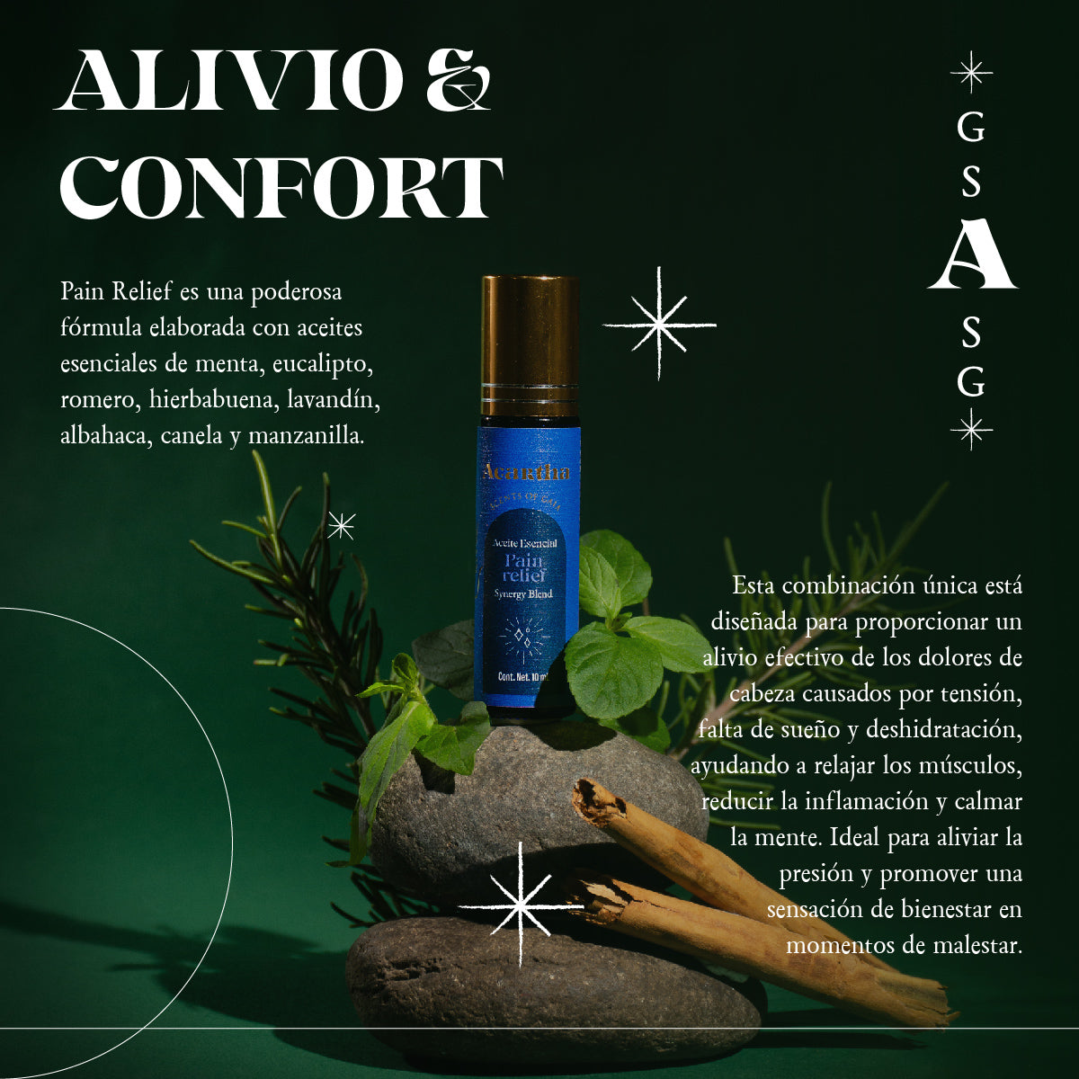 Detalle del envase del roll-on Pain Relief de 10 ml, con una fórmula botánica 100% natural para aliviar el malestar y la tensión.