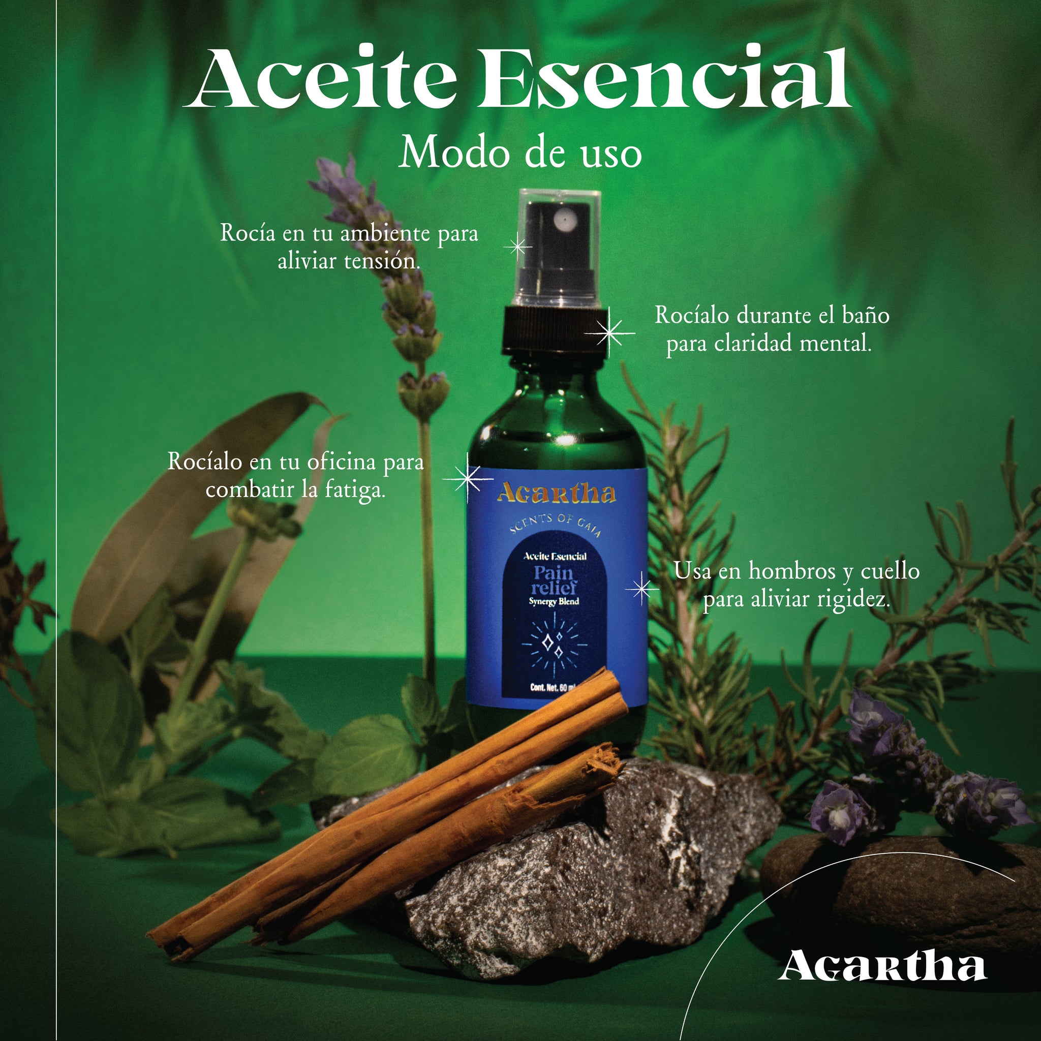 Spray Pain Relief de 60 ml, ideal para rociar en puntos de tensión como el cuello y la nuca, aliviando dolores de cabeza y estrés.