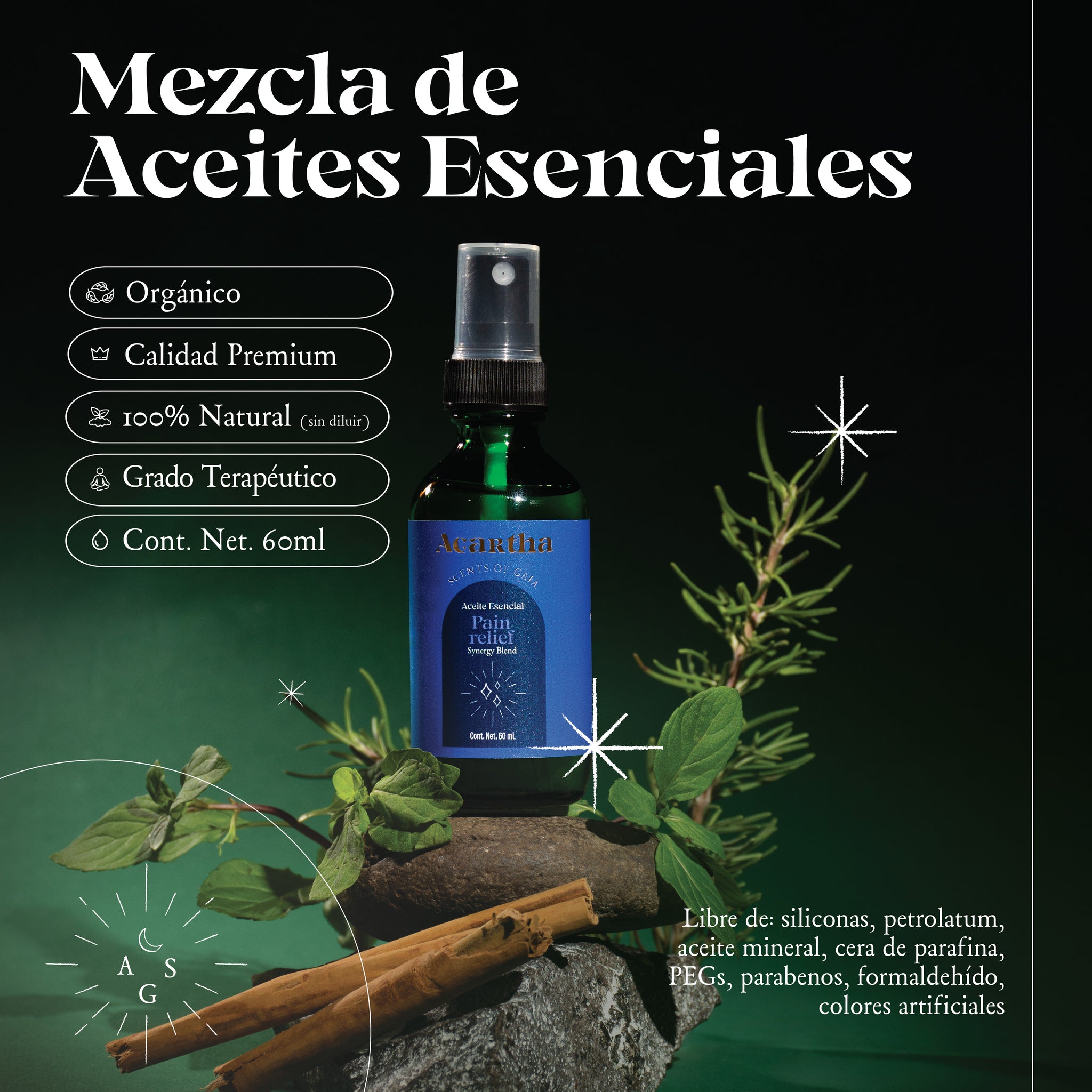 Spray de Alivio & Confort con aceites esenciales de menta, eucalipto, romero, hierbabuena, lavandín, albahaca, canela y manzanilla, ideal para relajación y bienestar.