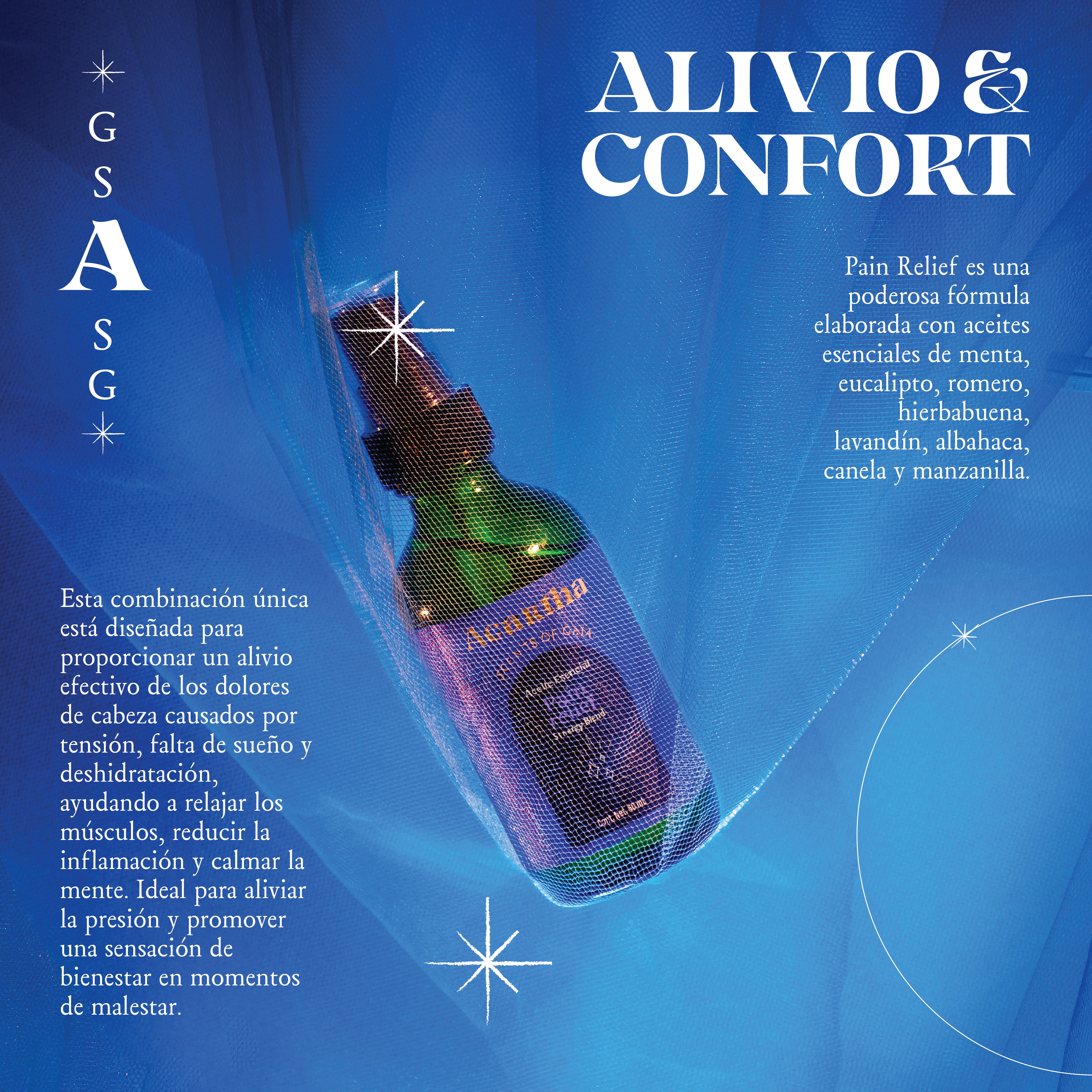 Detalle del envase del spray Pain Relief de 60 ml, con fórmula botánica 100% natural y presentación compacta.