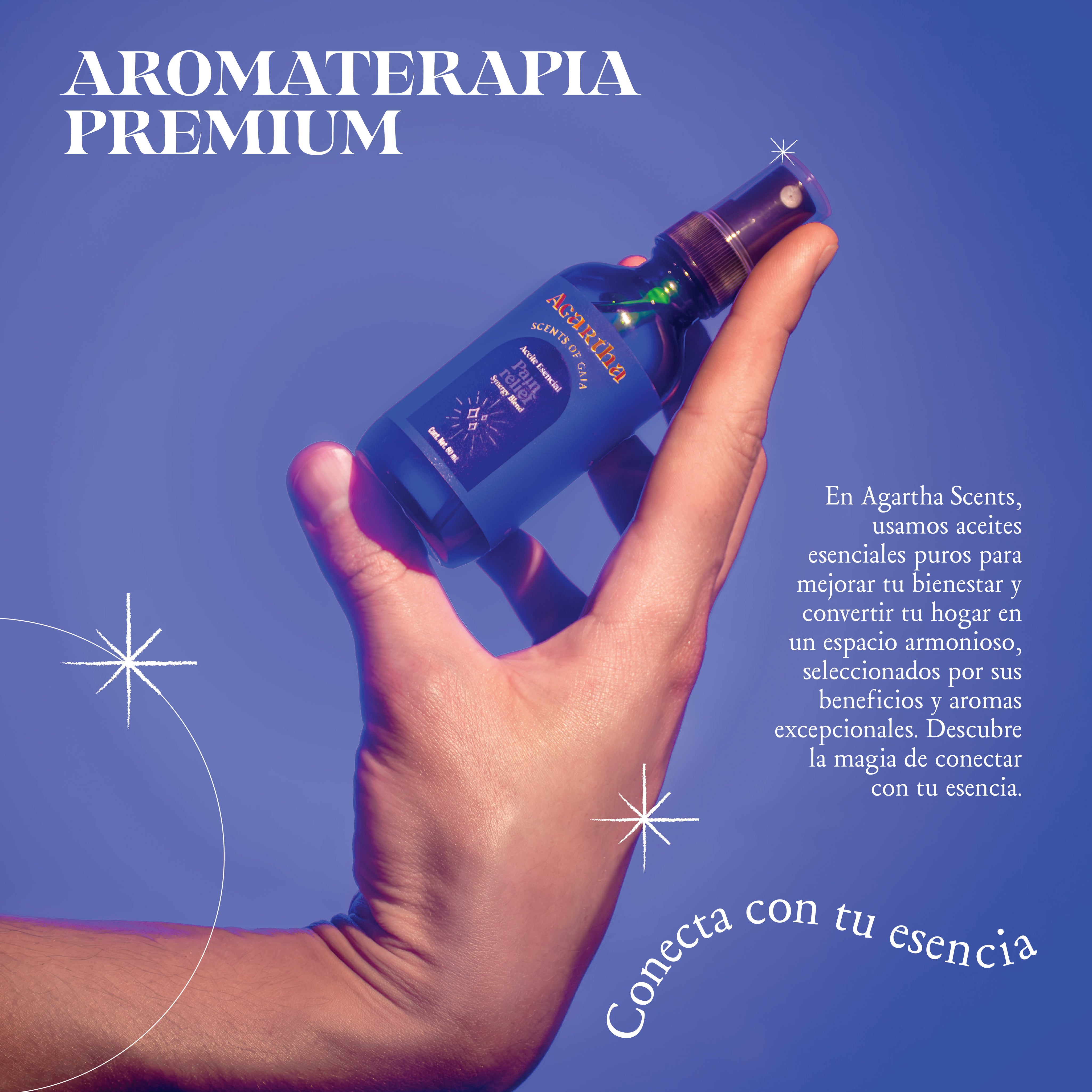 Pain Relief Spray de 60 ml, diseñado para combatir dolores de cabeza por tensión, deshidratación o falta de sueño con una mezcla botánica única.