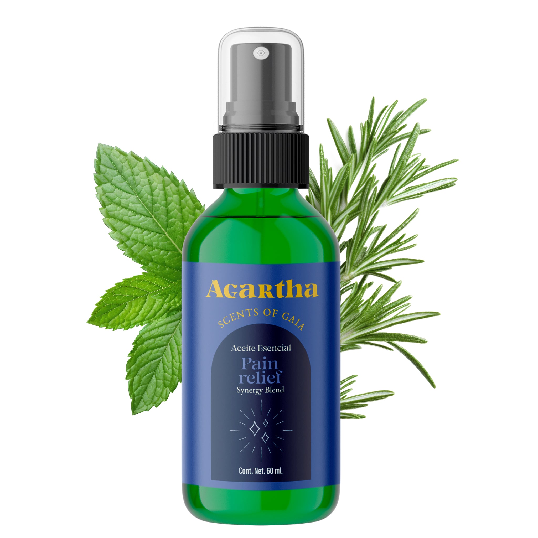 Pain Relief Spray de 60 ml, mezcla de aceites esenciales diseñada para aliviar dolores de cabeza y tensión con un uso práctico y fácil de aplicar.