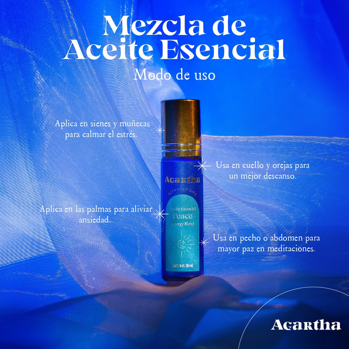 Roll-On Peace, aplicado en las muñecas y sienes para disfrutar de una experiencia relajante con aceites esenciales naturales.