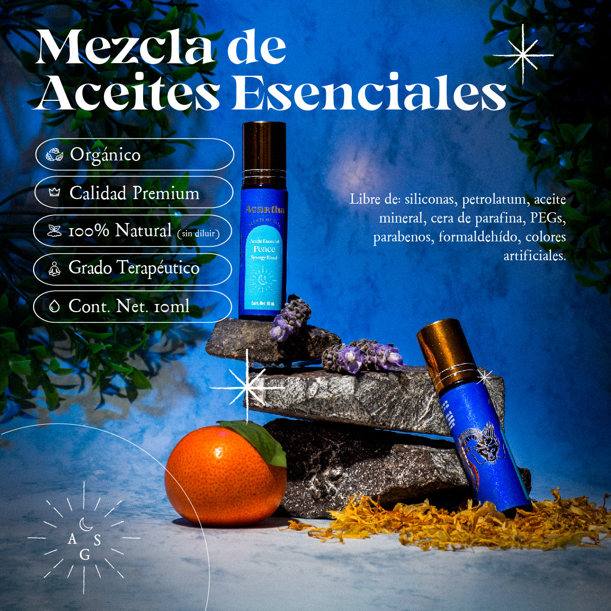 Roll-On Relajante & Anti Estrés con aceites esenciales de lavanda, mandarina, mejorana dulce, patchouli y manzanilla, perfecto para calmar la mente y el cuerpo.