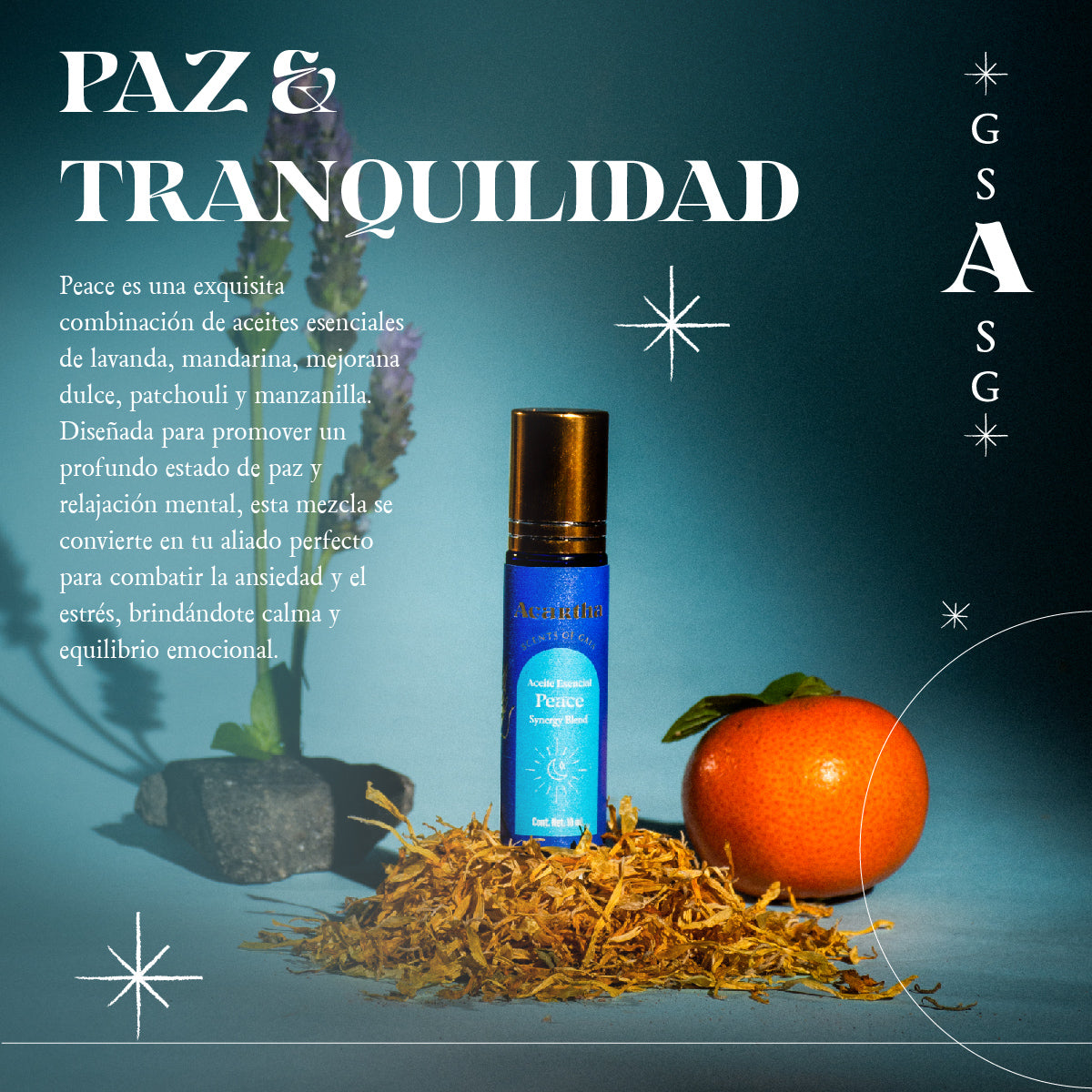 Detalle del envase del roll-on Peace de 10 ml, con fórmula botánica 100% natural para aliviar el estrés y la ansiedad.