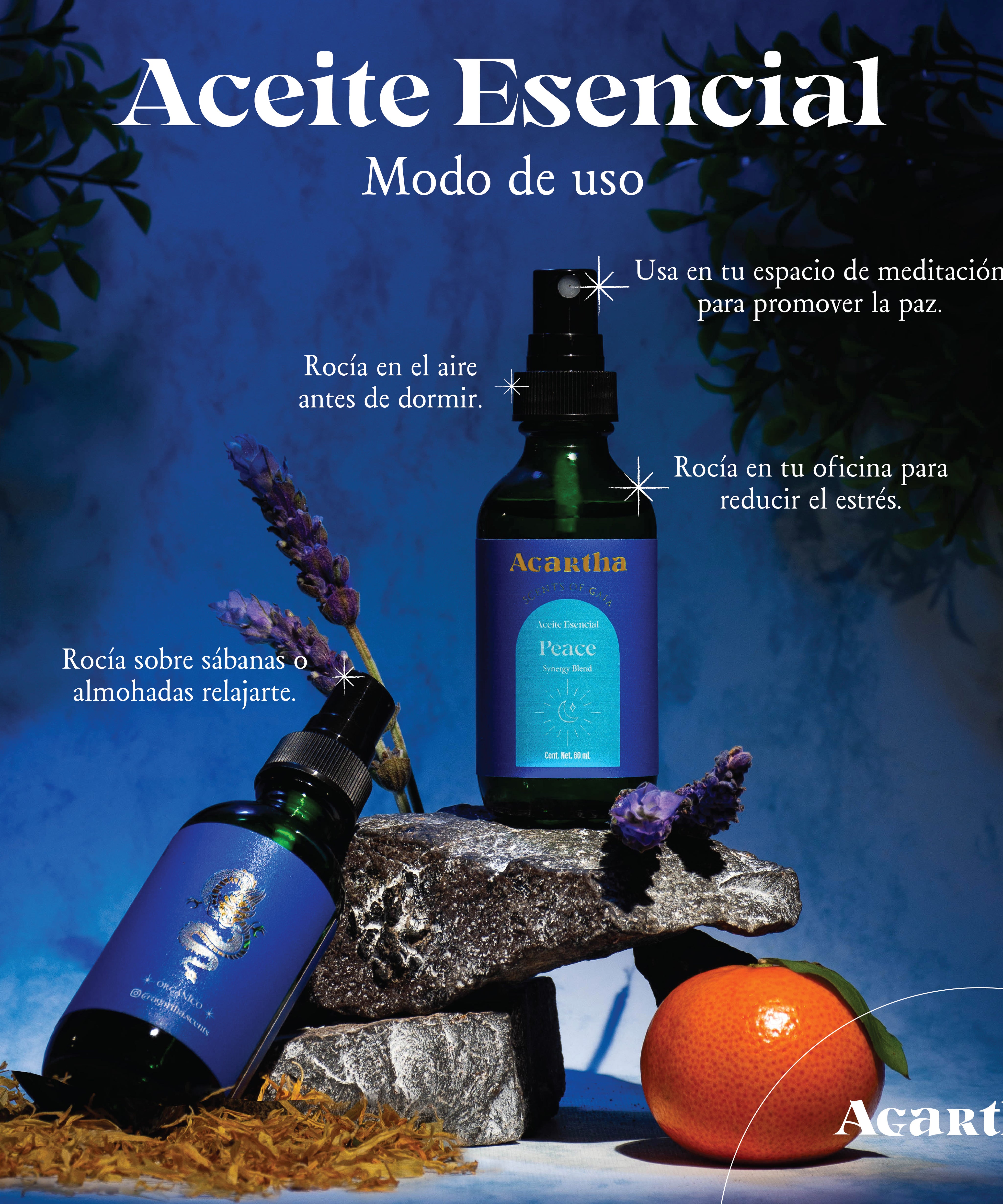 Spray Peace de 60 ml, ideal para rociar en el ambiente o sobre la piel para crear una atmósfera de paz y relajación.