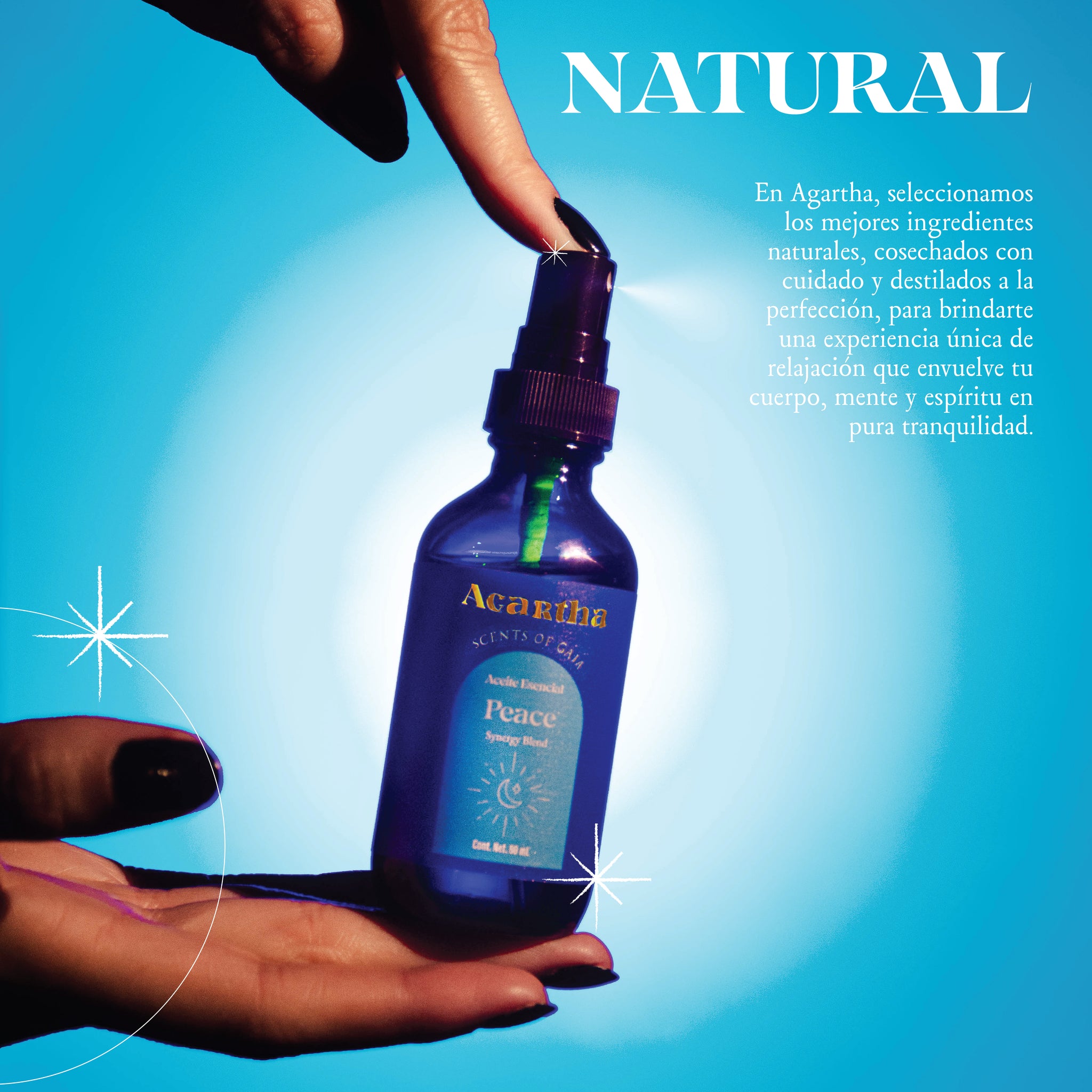 Spray Peace en uso, perfecto para refrescar el entorno y promover un estado de tranquilidad mental y emocional.